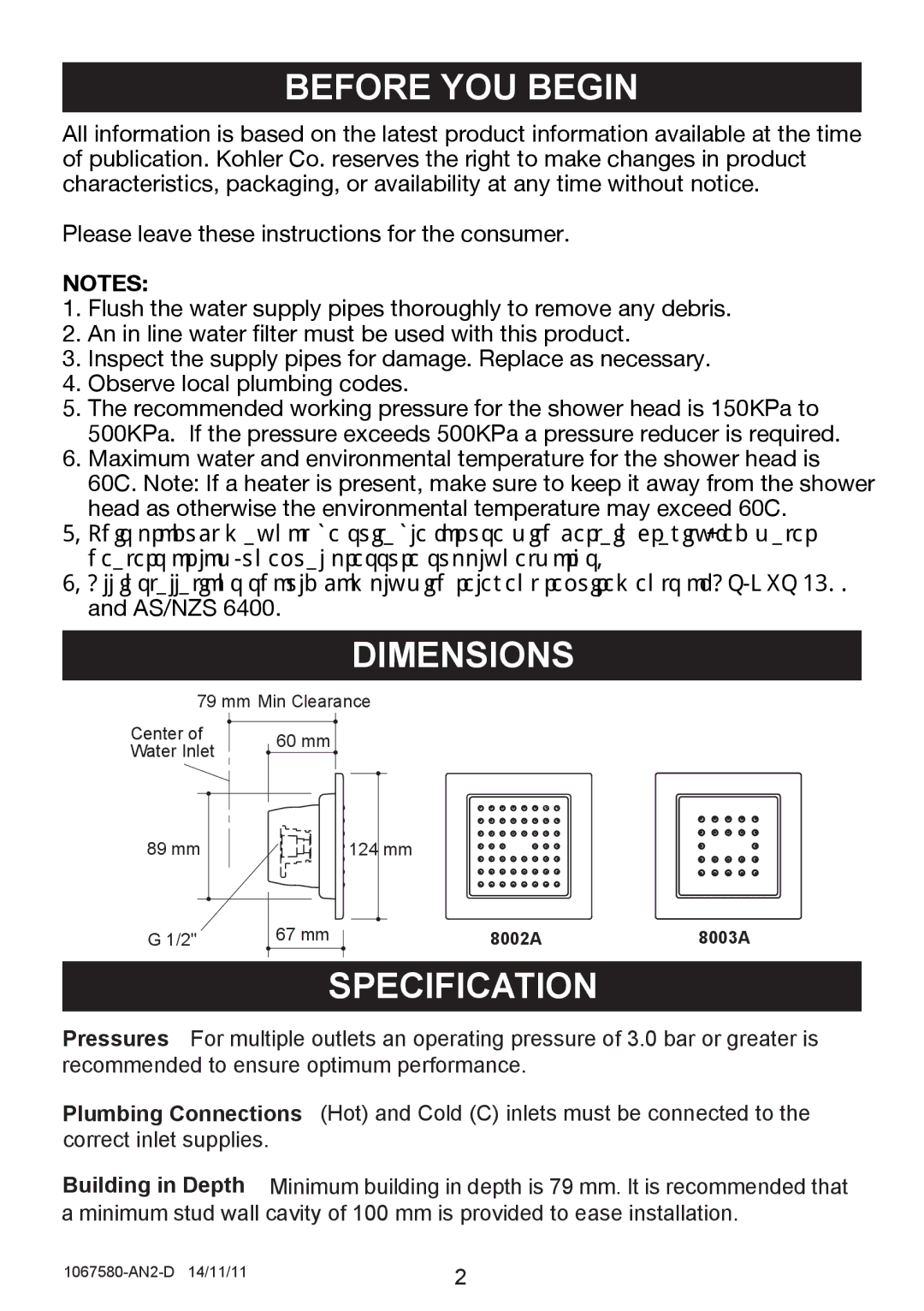 Kohler 8002A manual Before YOU Begin, Dimensions, Specification 