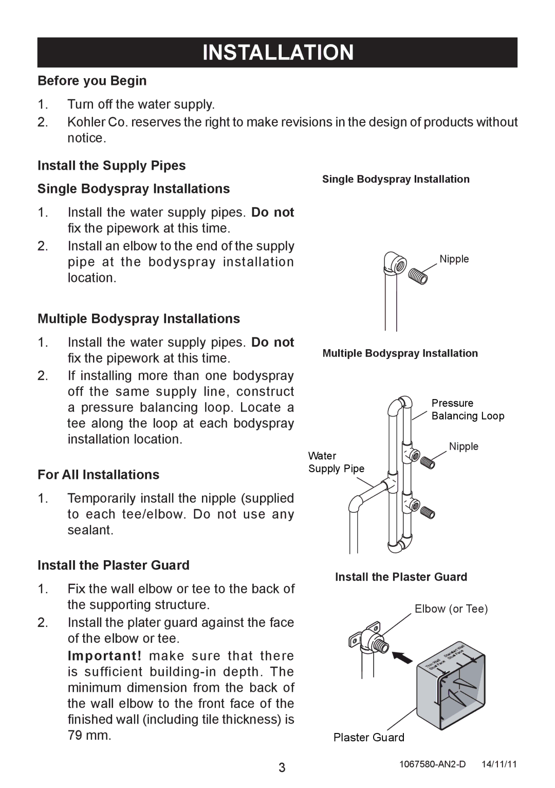 Kohler 8002A manual Installation 