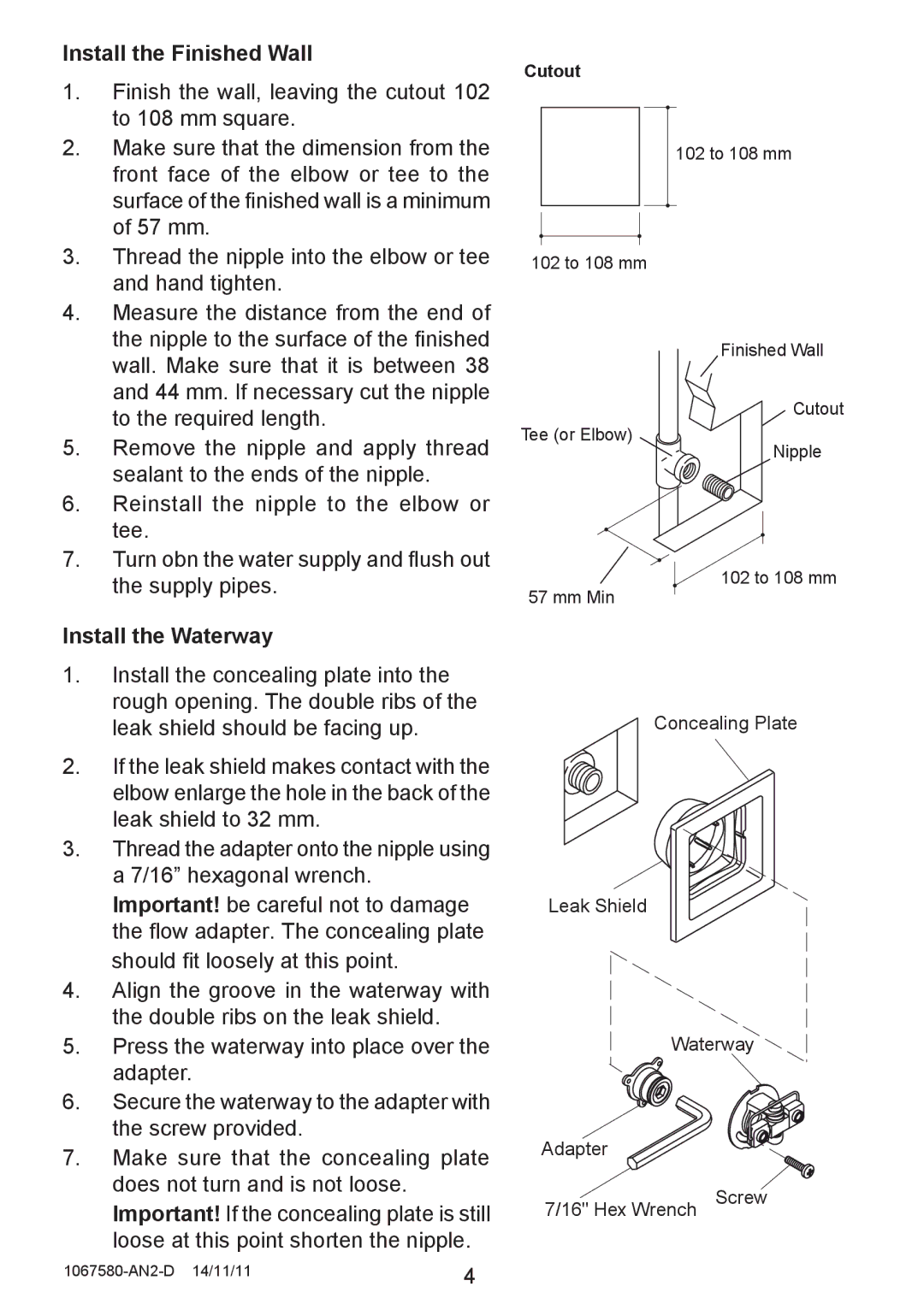 Kohler 8002A manual Install the Finished Wall, Install the Waterway 