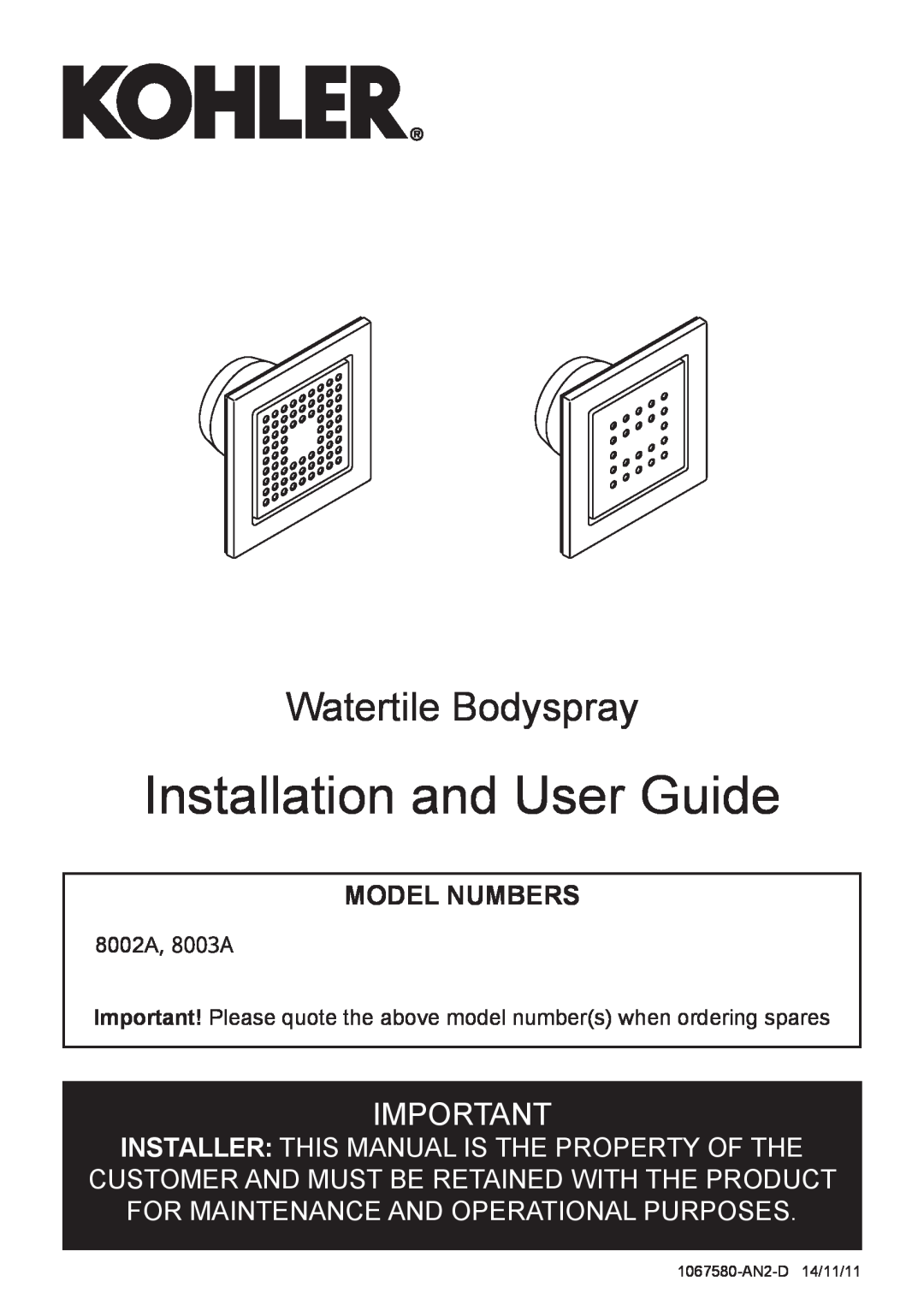 Kohler 8002A manual Installation and User Guide, Watertile Bodyspray, Model Numbers, 1067580-AN2-D14/11/11 