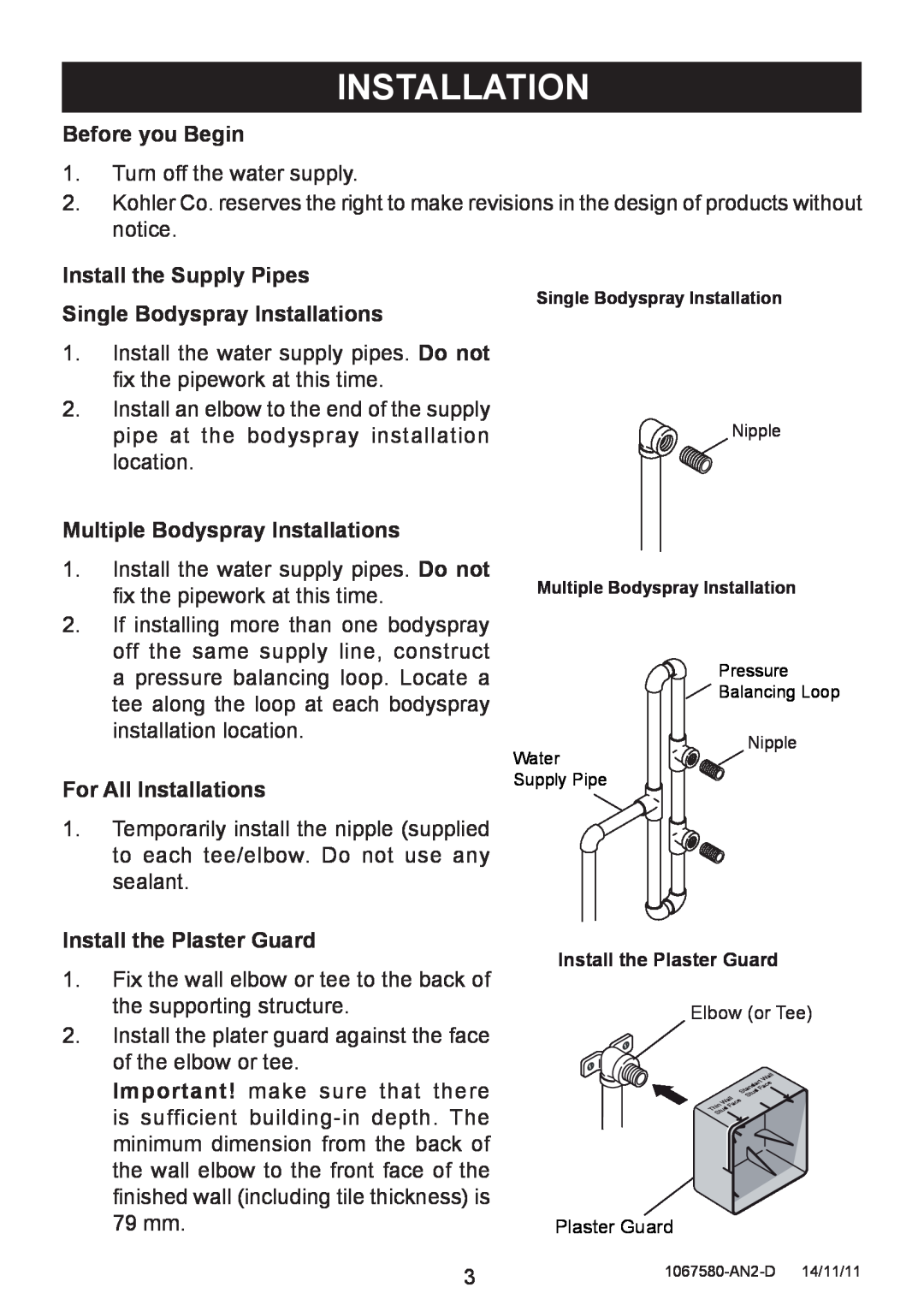 Kohler 8002A manual Before you Begin, Install the Supply Pipes, Single Bodyspray Installations, For All Installations 