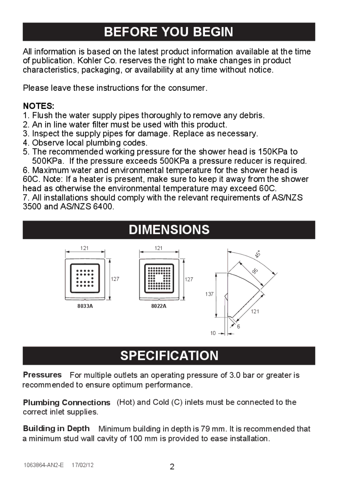 Kohler 8023A, 8022A manual Before YOU Begin, Dimensions, Specification 