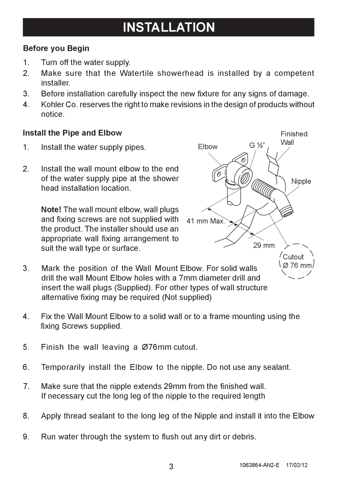 Kohler 8022A, 8023A manual Installation, Before you Begin, Install the Pipe and Elbow 