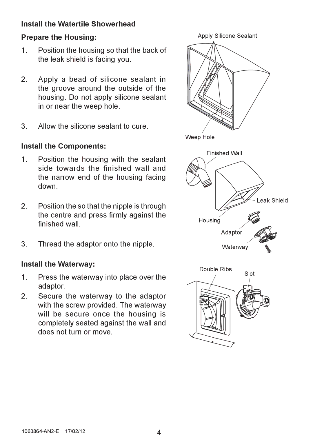 Kohler 8023A, 8022A Install the Watertile Showerhead Prepare the Housing, Install the Components, Install the Waterway 