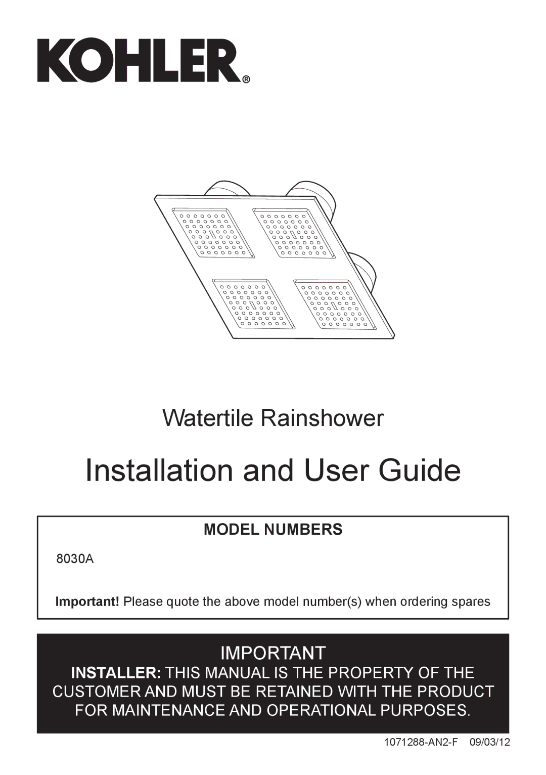 Kohler 8030A manual Installation and User Guide 