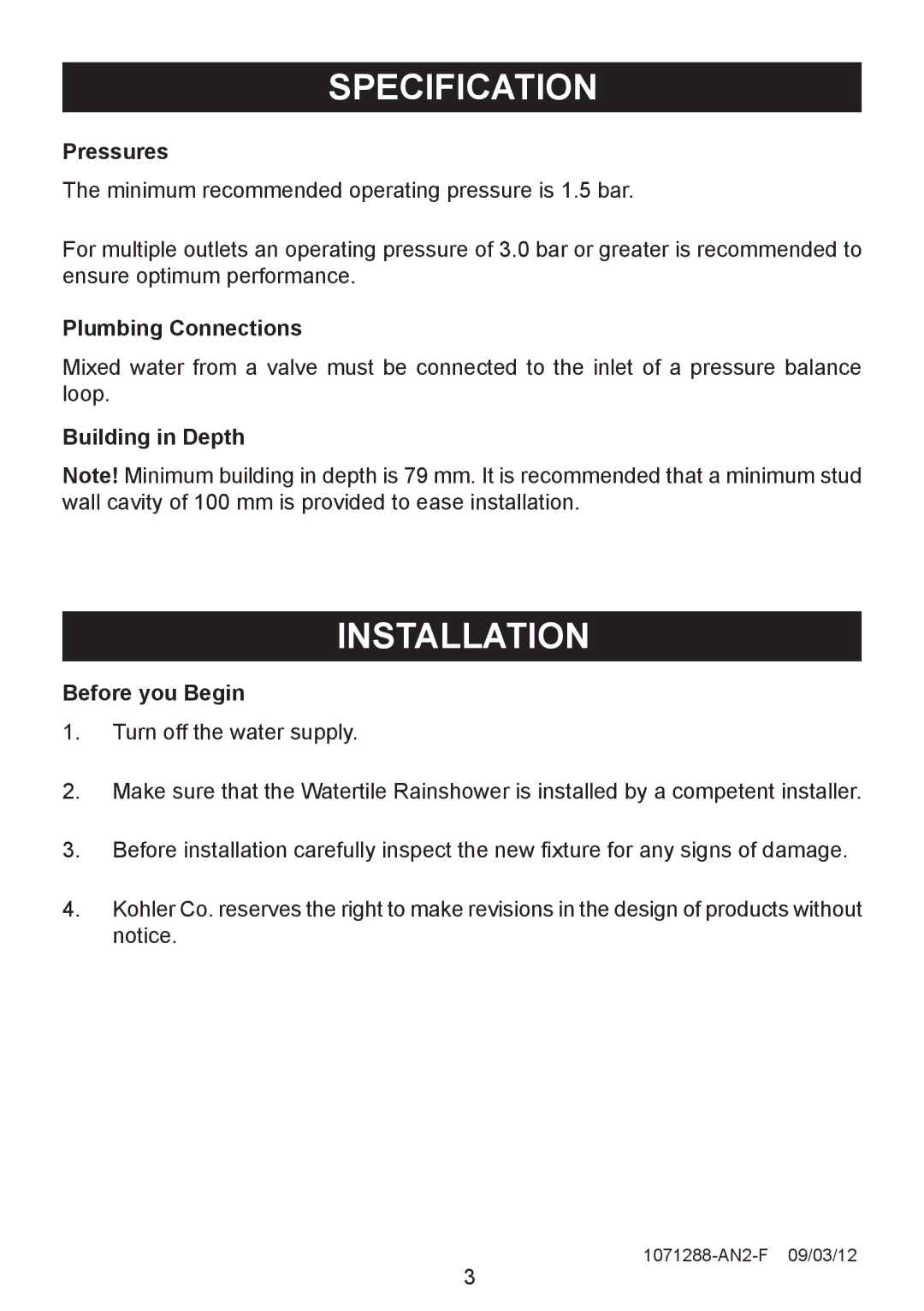 Kohler 8030A manual Specification, Installation 