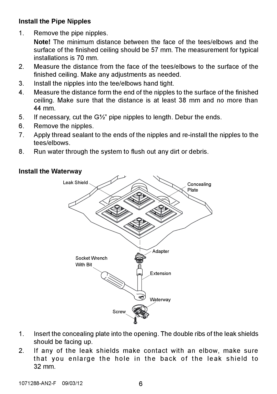 Kohler 8030A manual Install the Pipe Nipples, Install the Waterway 