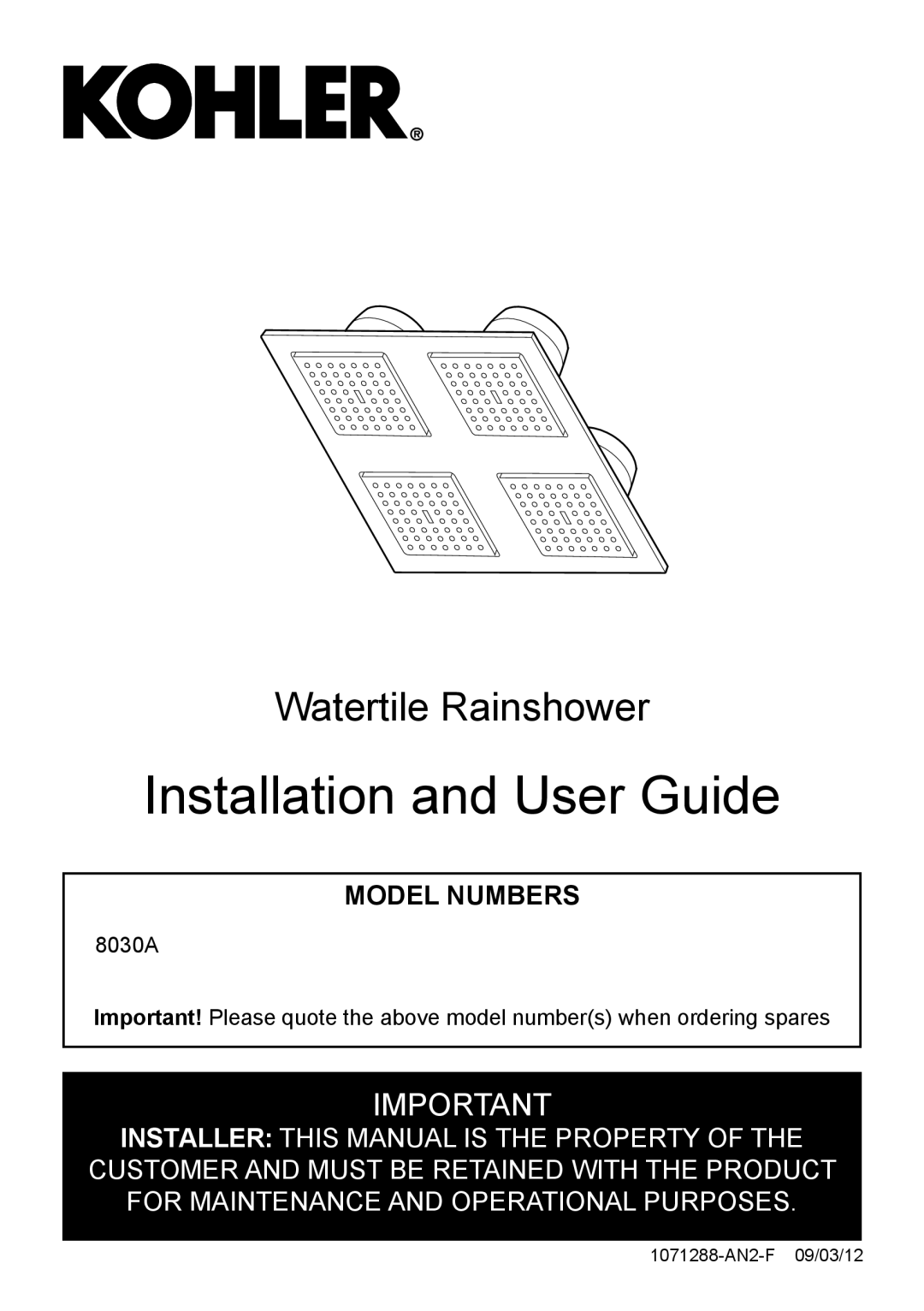 Kohler 8030A manual Installation and User Guide, Watertile Rainshower, Model Numbers 