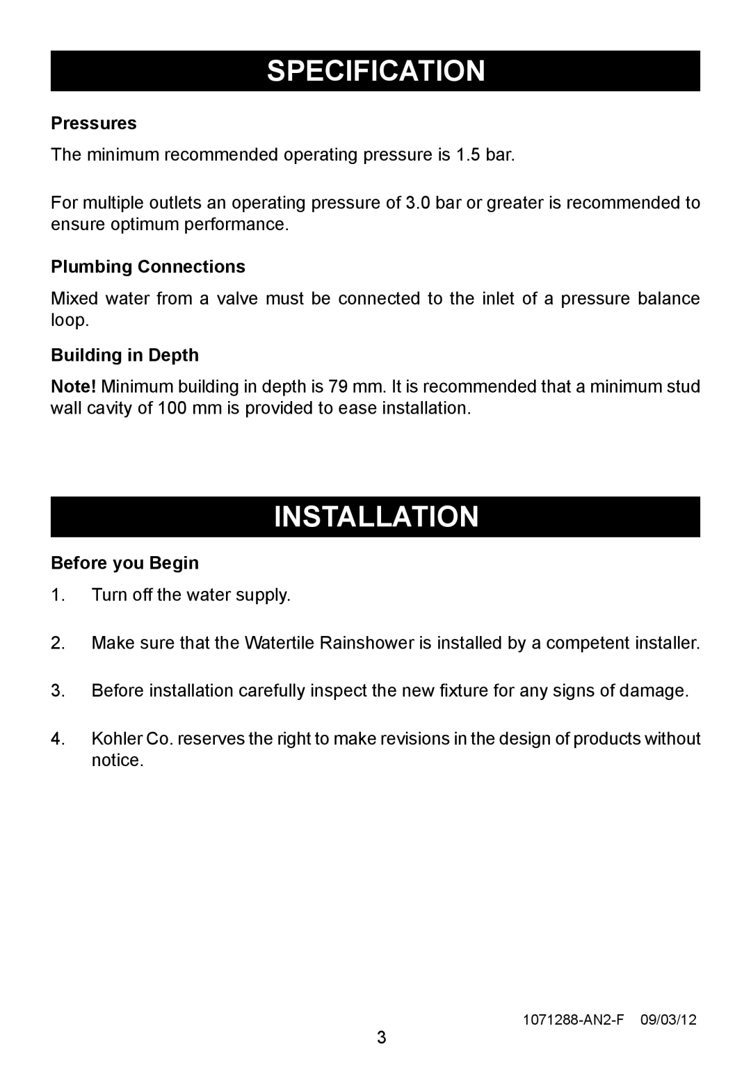 Kohler 8030A manual Specification, Installation, Pressures, Plumbing Connections, Building in Depth, Before you Begin 
