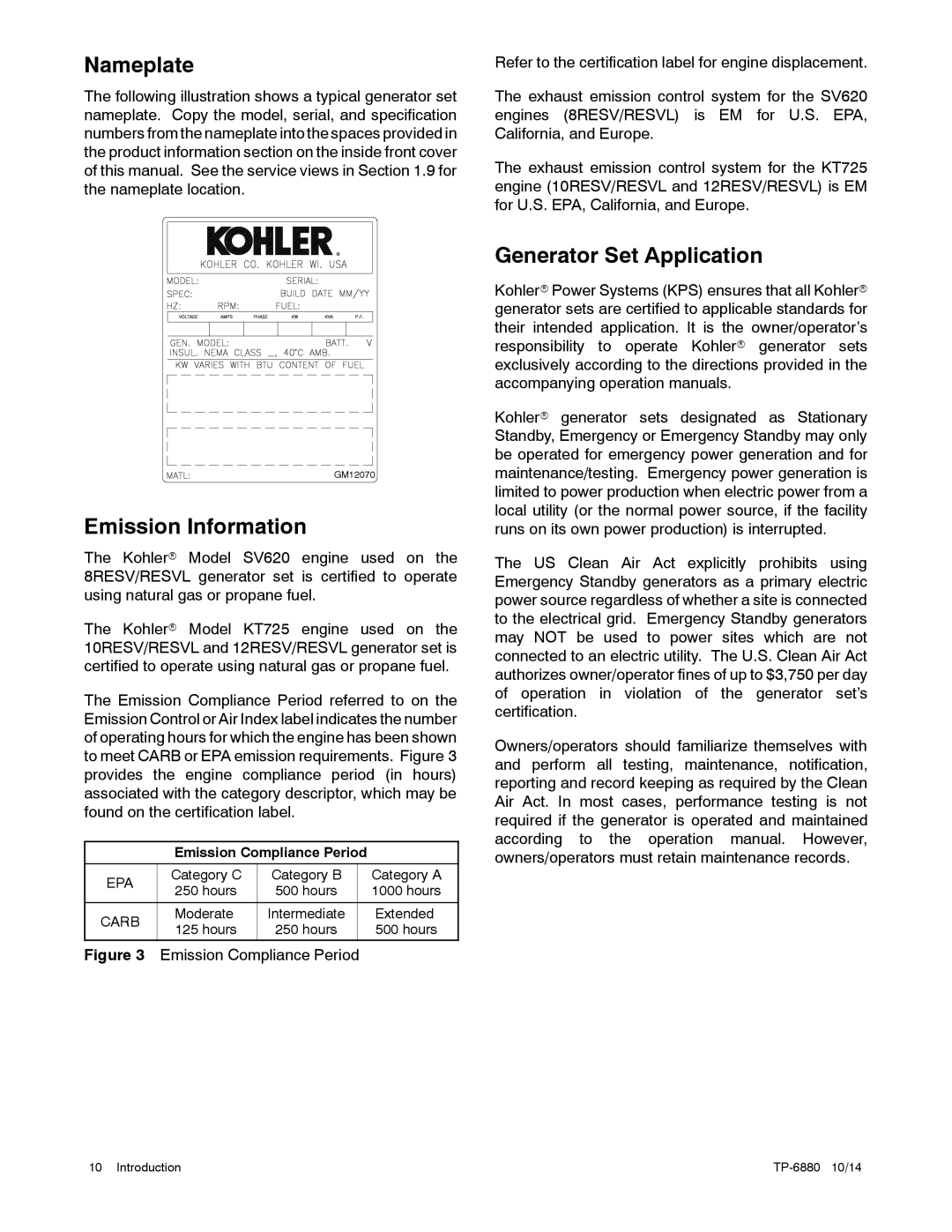 Kohler 8/10/12RESVL manual Nameplate, Emission Information, Generator Set Application, Emission Compliance Period 