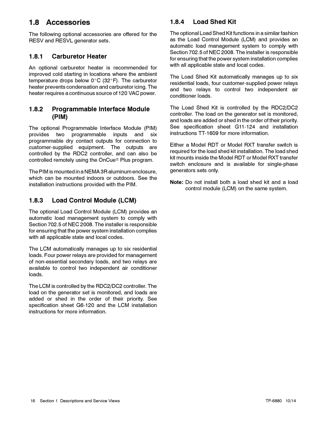 Kohler 8/10/12RESV manual Accessories, Carburetor Heater, Programmable Interface Module PIM, Load Control Module LCM 