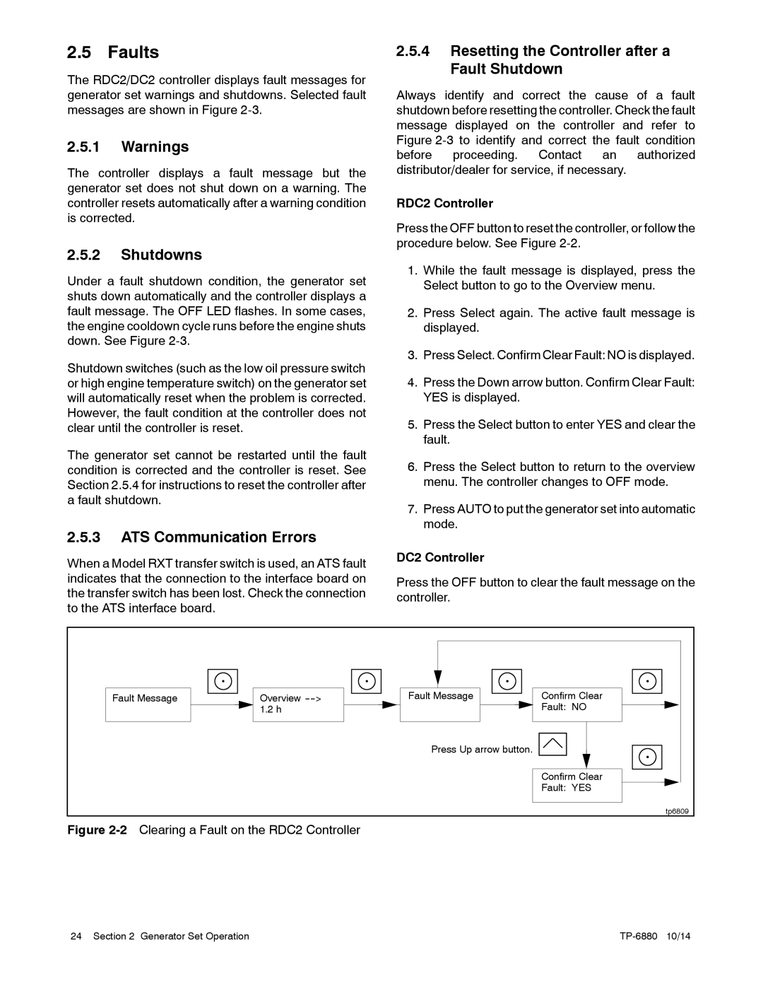 Kohler 8/10/12RESV manual Faults, Shutdowns, ATS Communication Errors, Resetting the Controller after a Fault Shutdown 