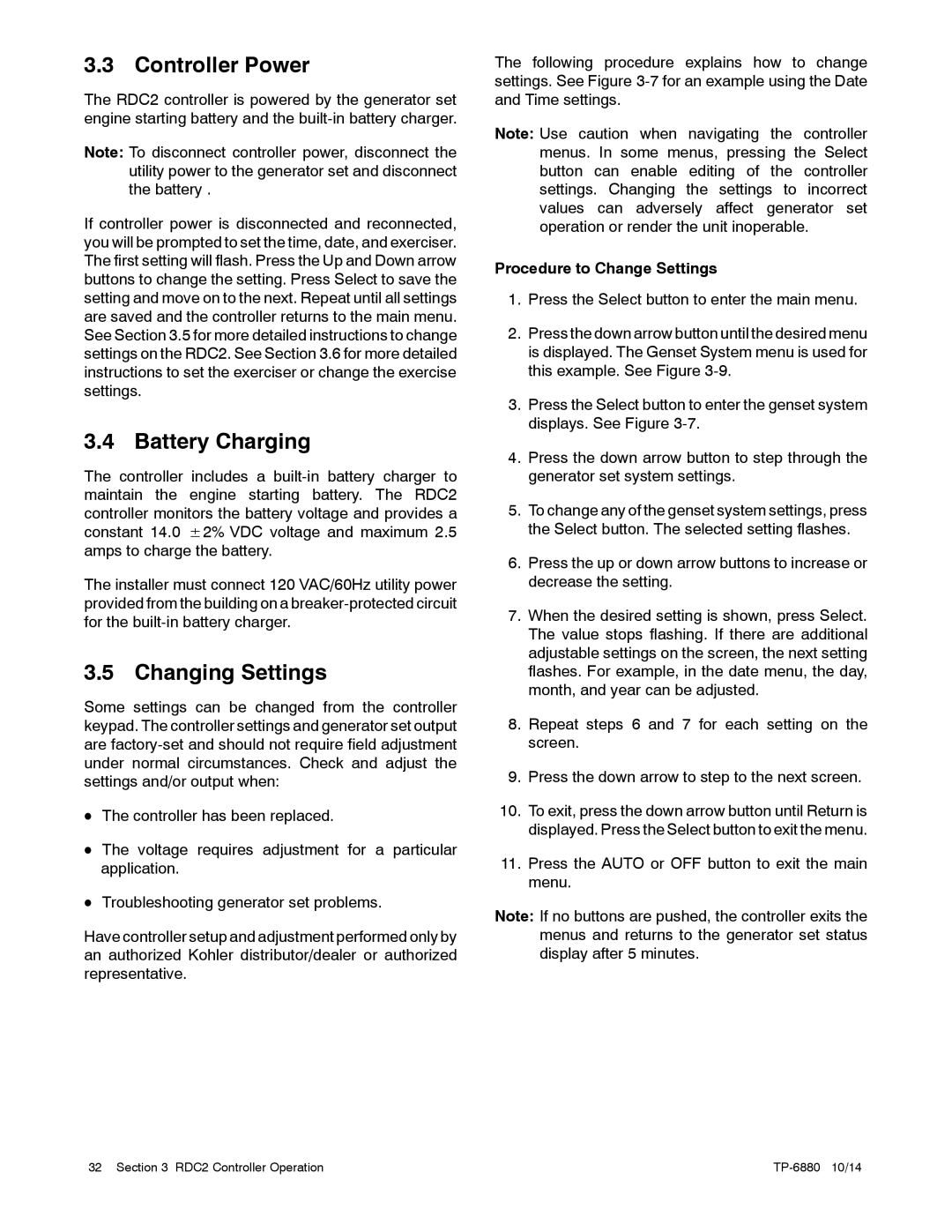 Kohler 8/10/12RESVL manual Controller Power, Battery Charging, Changing Settings, Procedure to Change Settings 