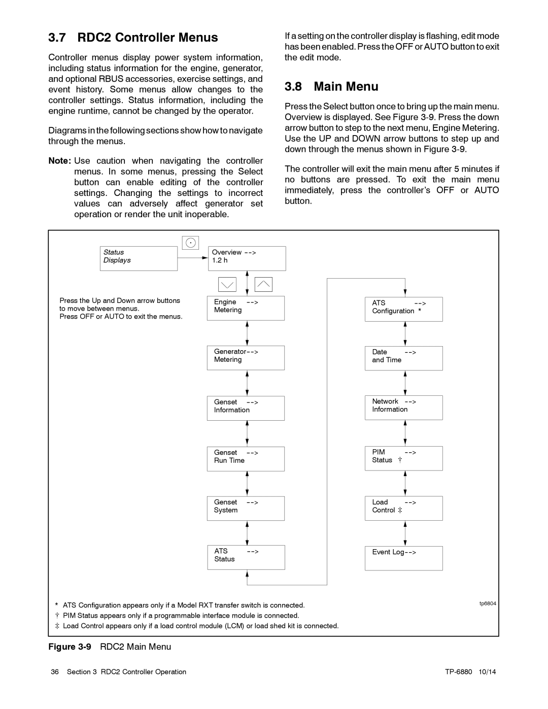 Kohler 8/10/12RESVL manual RDC2 Controller Menus, Main Menu 