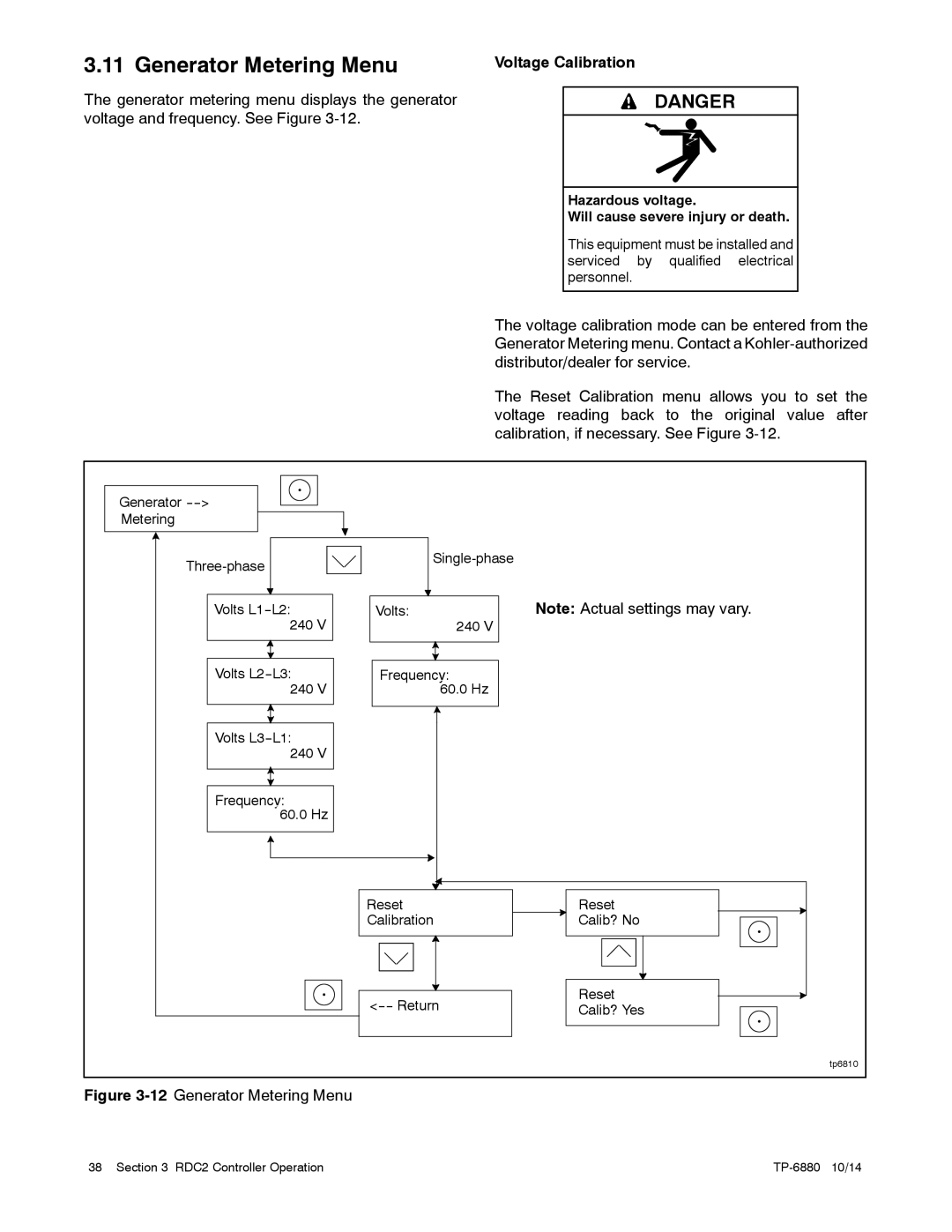 Kohler 8/10/12RESVL manual Generator Metering Menu, Voltage Calibration 