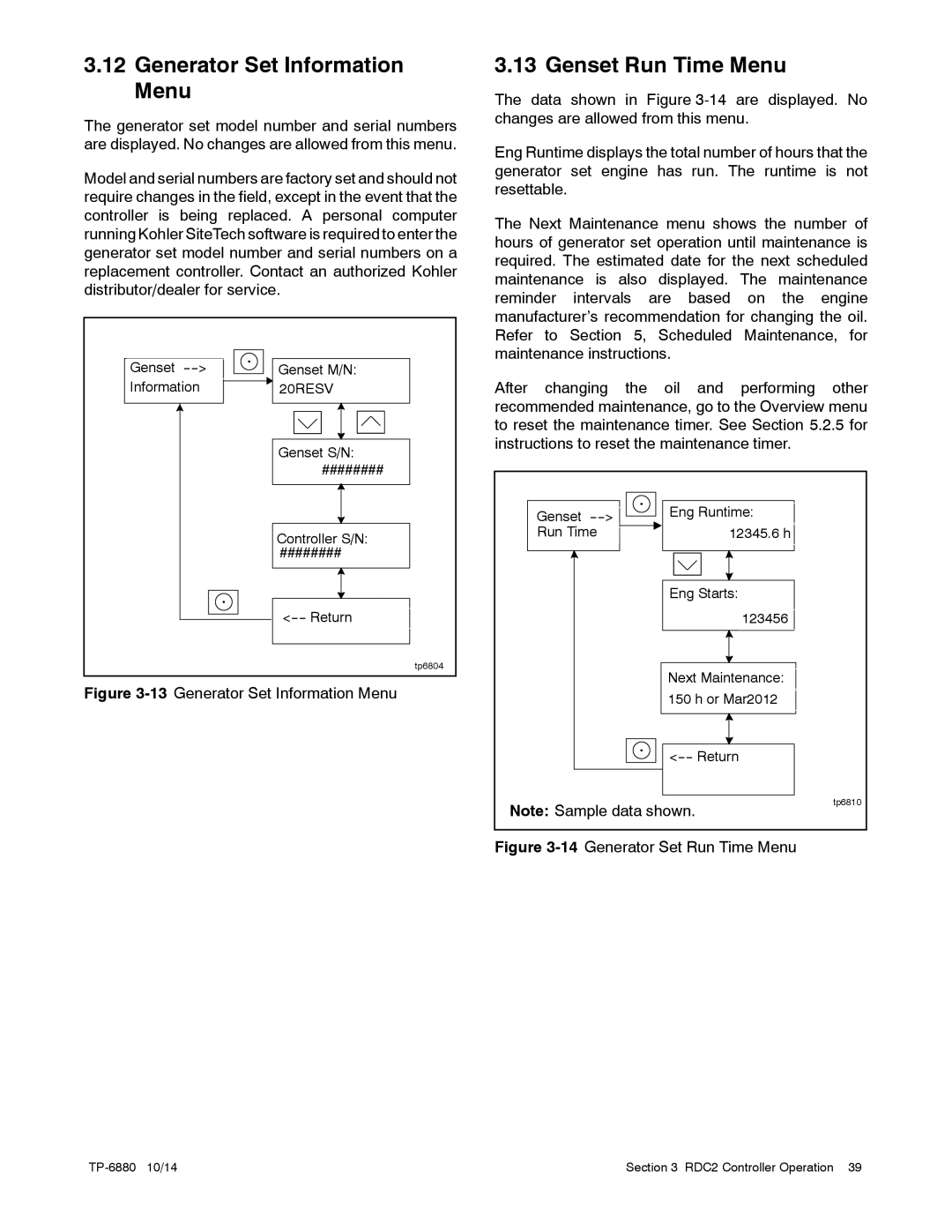 Kohler 8/10/12RESVL manual Generator Set Information Menu, Genset Run Time Menu 