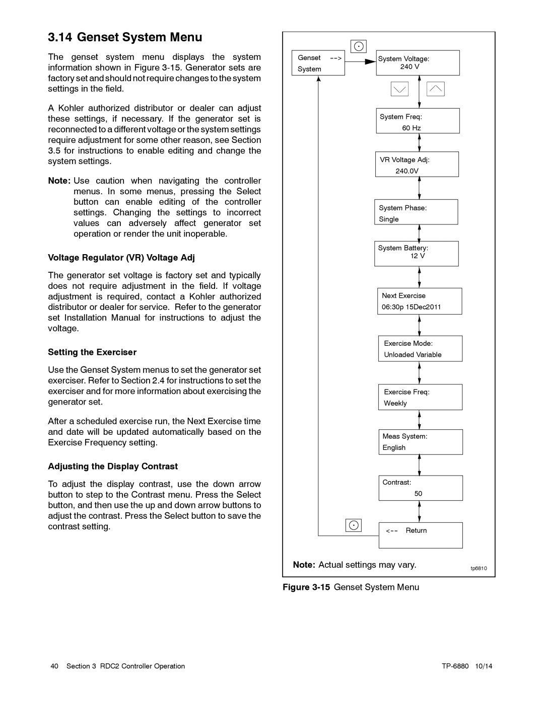 Kohler 8/10/12RESVL manual Genset System Menu, Voltage Regulator VR Voltage Adj, Setting the Exerciser 