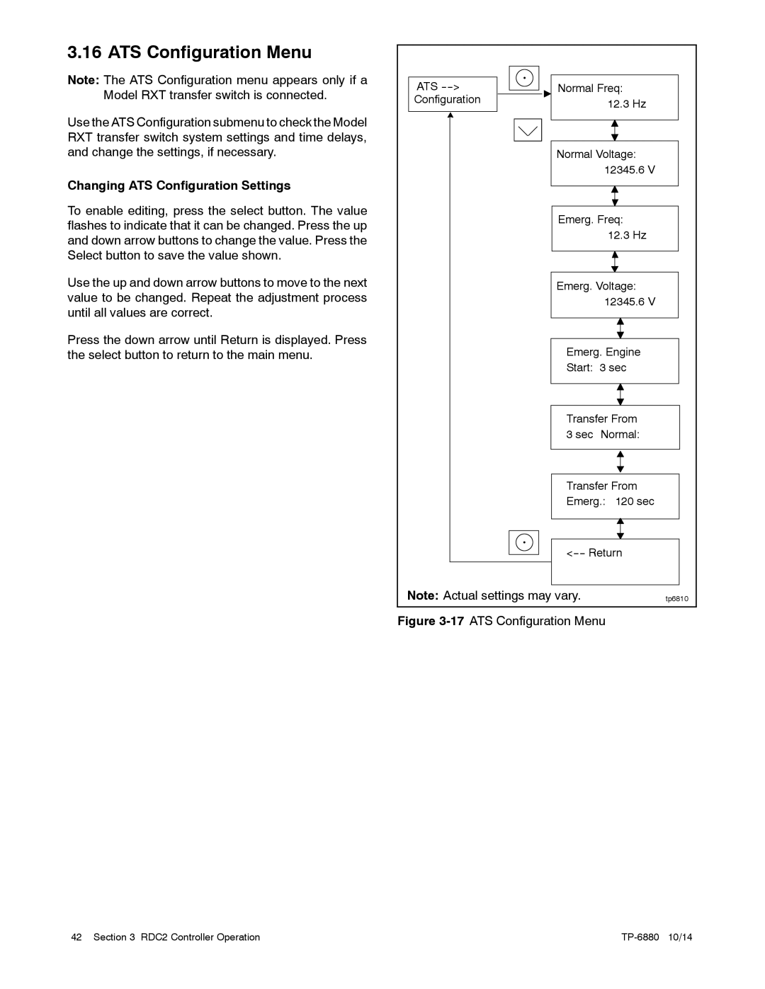 Kohler 8/10/12RESVL manual ATS Configuration Menu, Changing ATS Configuration Settings 