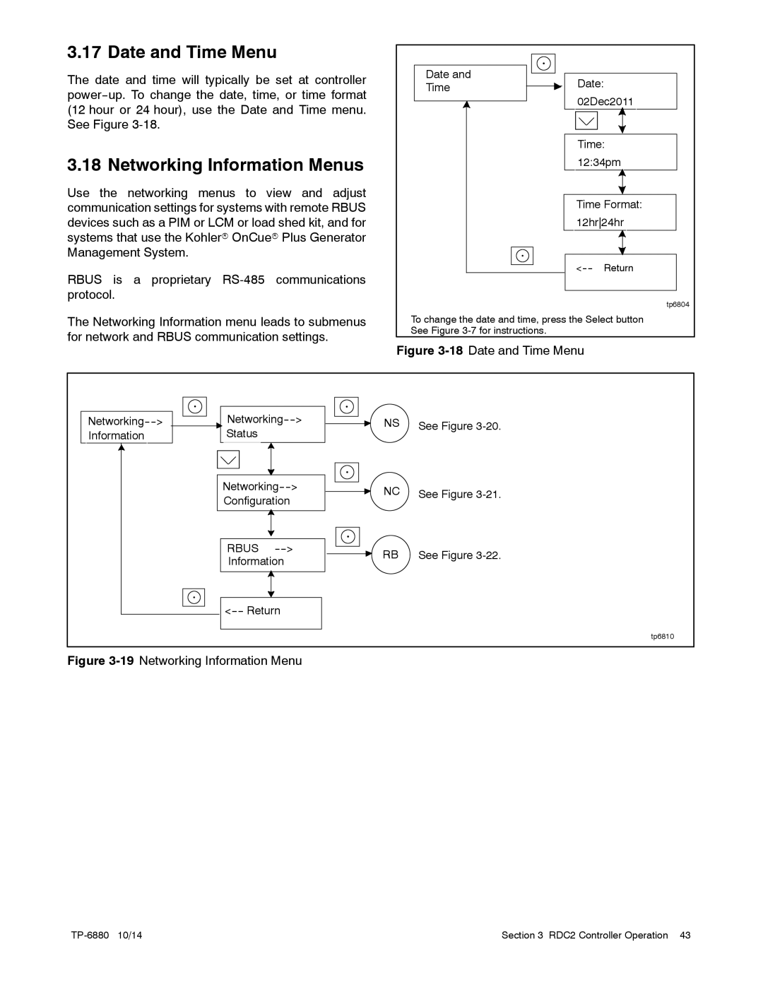 Kohler 8/10/12RESVL manual Date and Time Menu, Networking Information Menus 