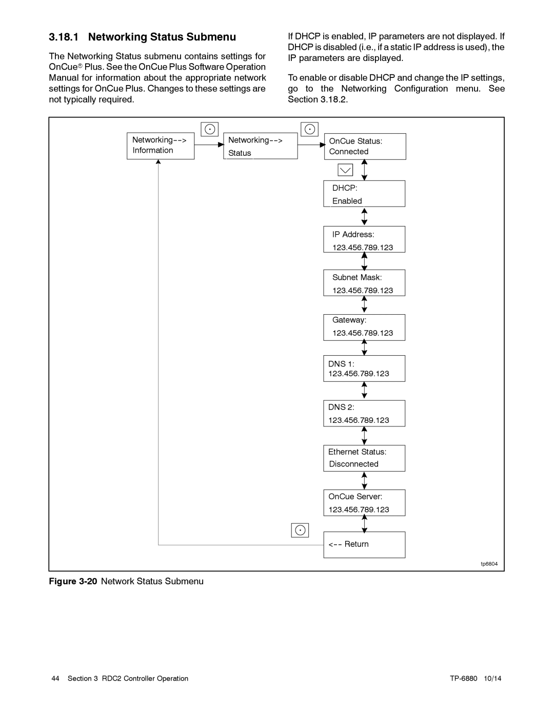 Kohler 8/10/12RESVL manual Networking Status Submenu, Dhcp 