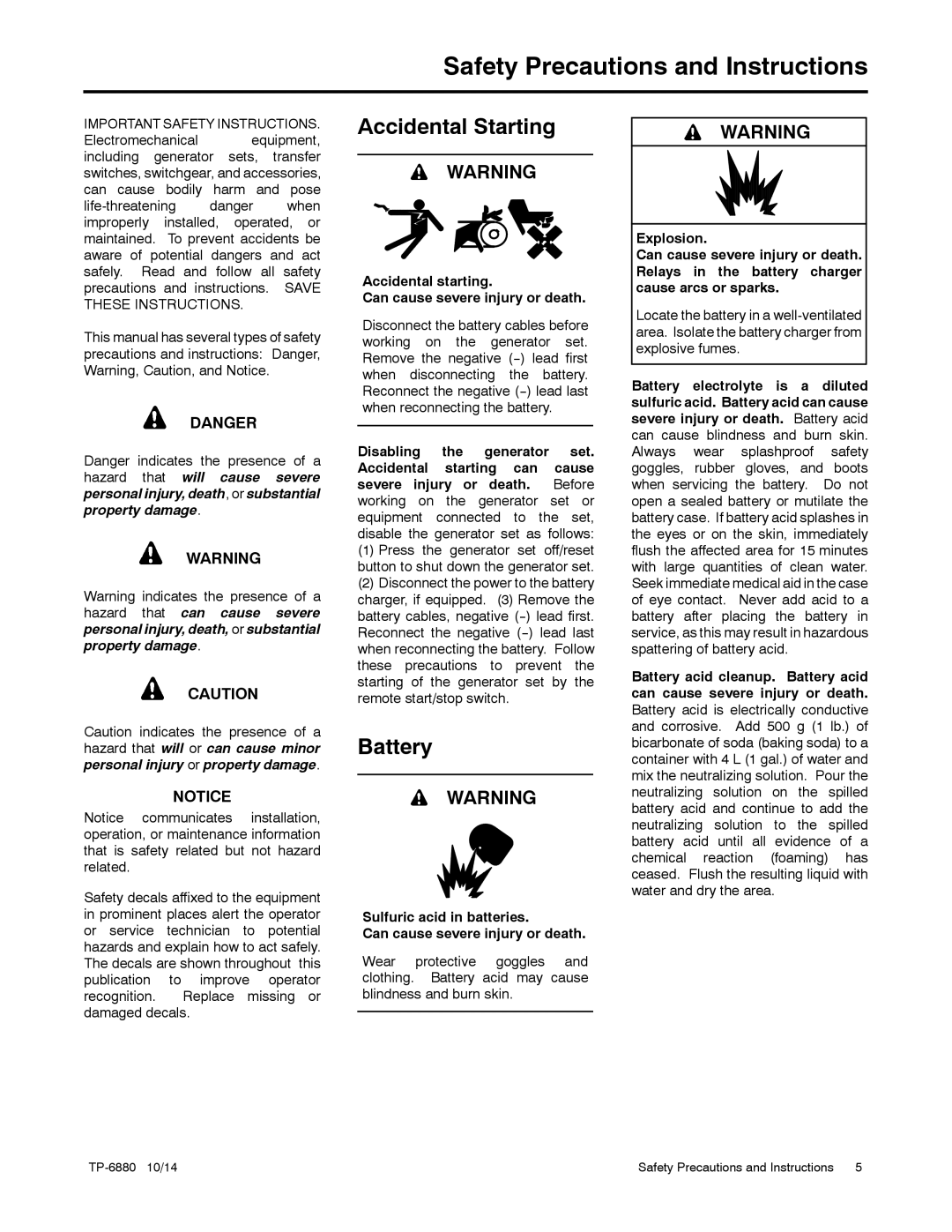 Kohler 8/10/12RESVL manual Safety Precautions and Instructions, Accidental Starting, Battery 