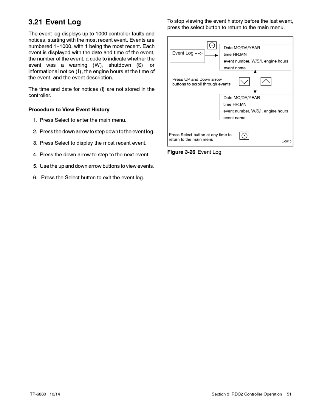 Kohler 8/10/12RESVL manual Event Log, Procedure to View Event History 