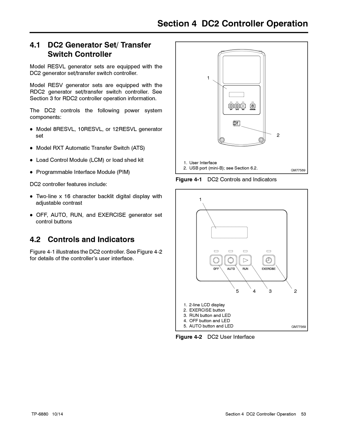 Kohler 8/10/12RESVL manual DC2 Controller Operation, DC2 Generator Set/ Transfer Switch Controller 