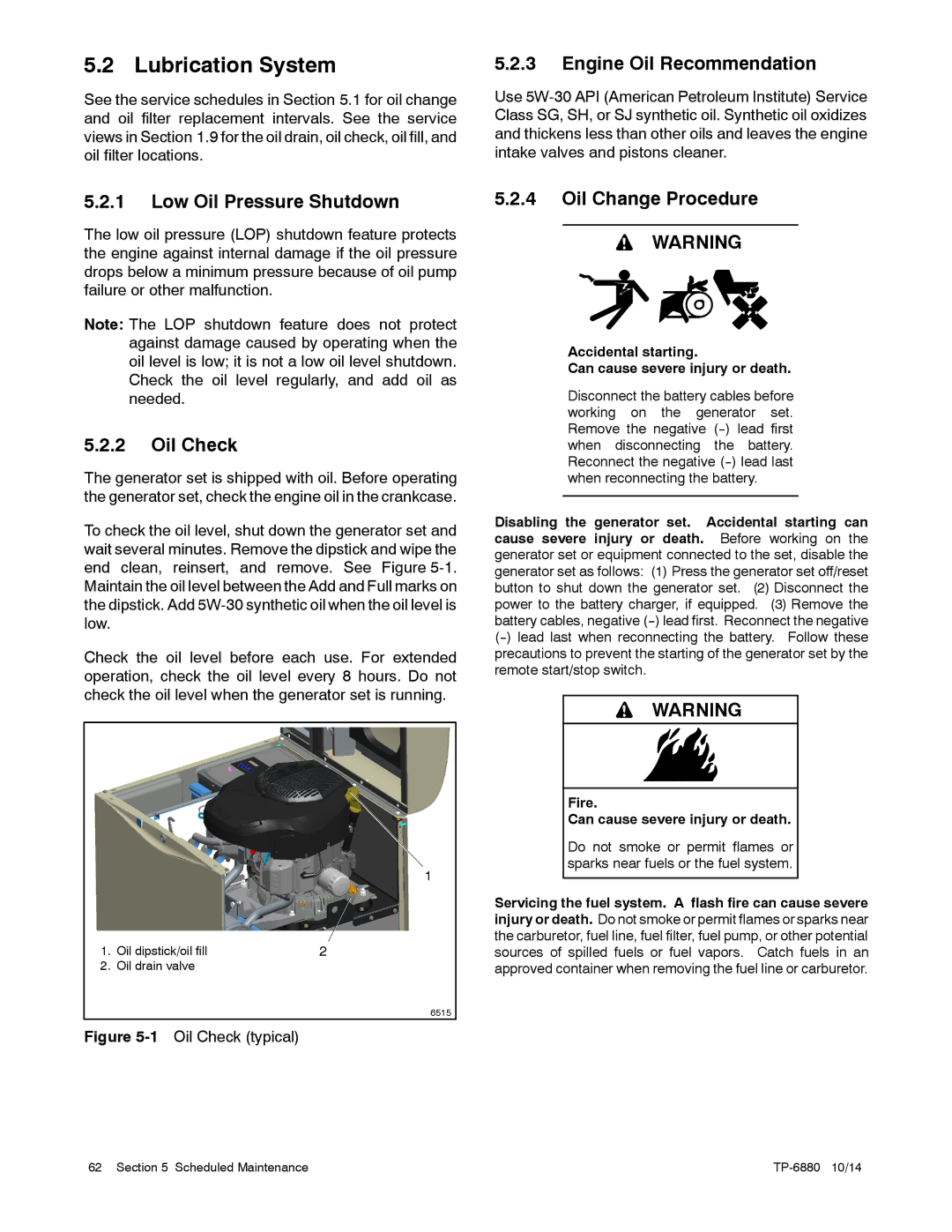 Kohler 8/10/12RESVL manual Lubrication System, Engine Oil Recommendation, Low Oil Pressure Shutdown, Oil Check 