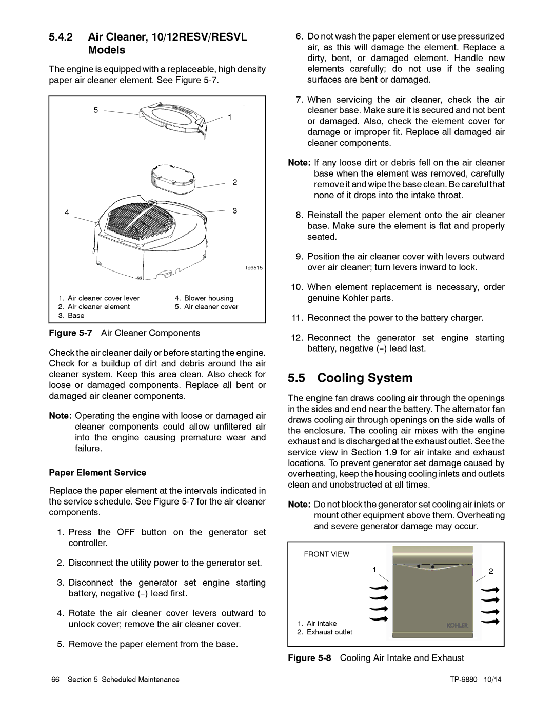 Kohler 8/10/12RESVL manual Cooling System, Air Cleaner, 10/12RESV/RESVL Models 