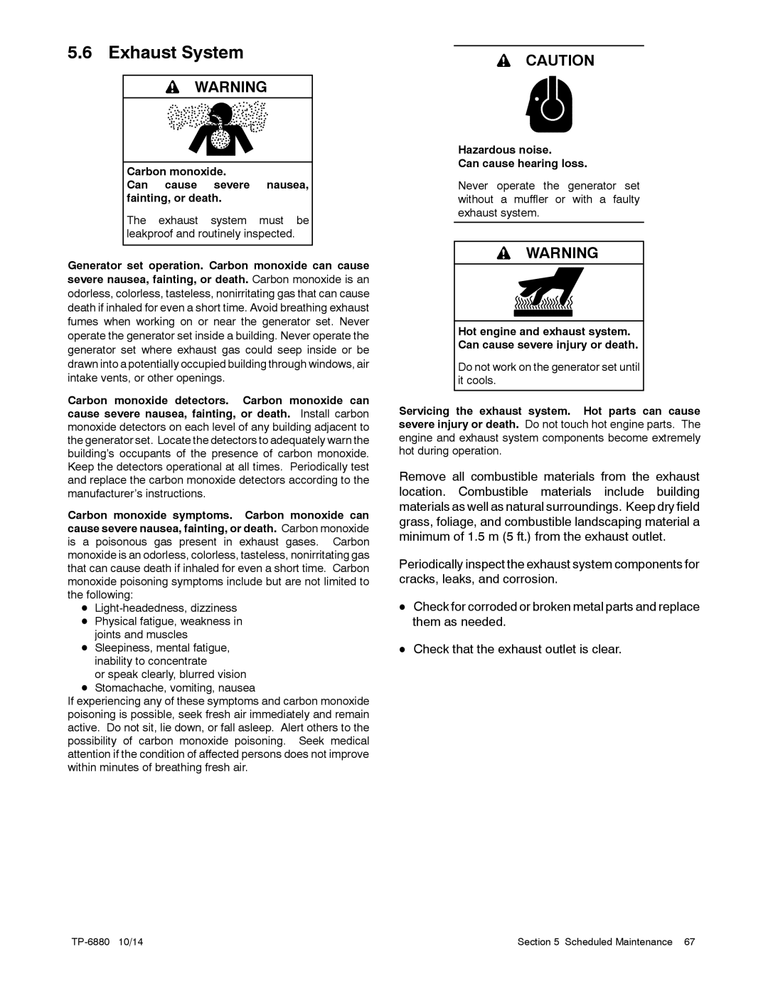 Kohler 8/10/12RESVL manual Exhaust System, Hazardous noise Can cause hearing loss 