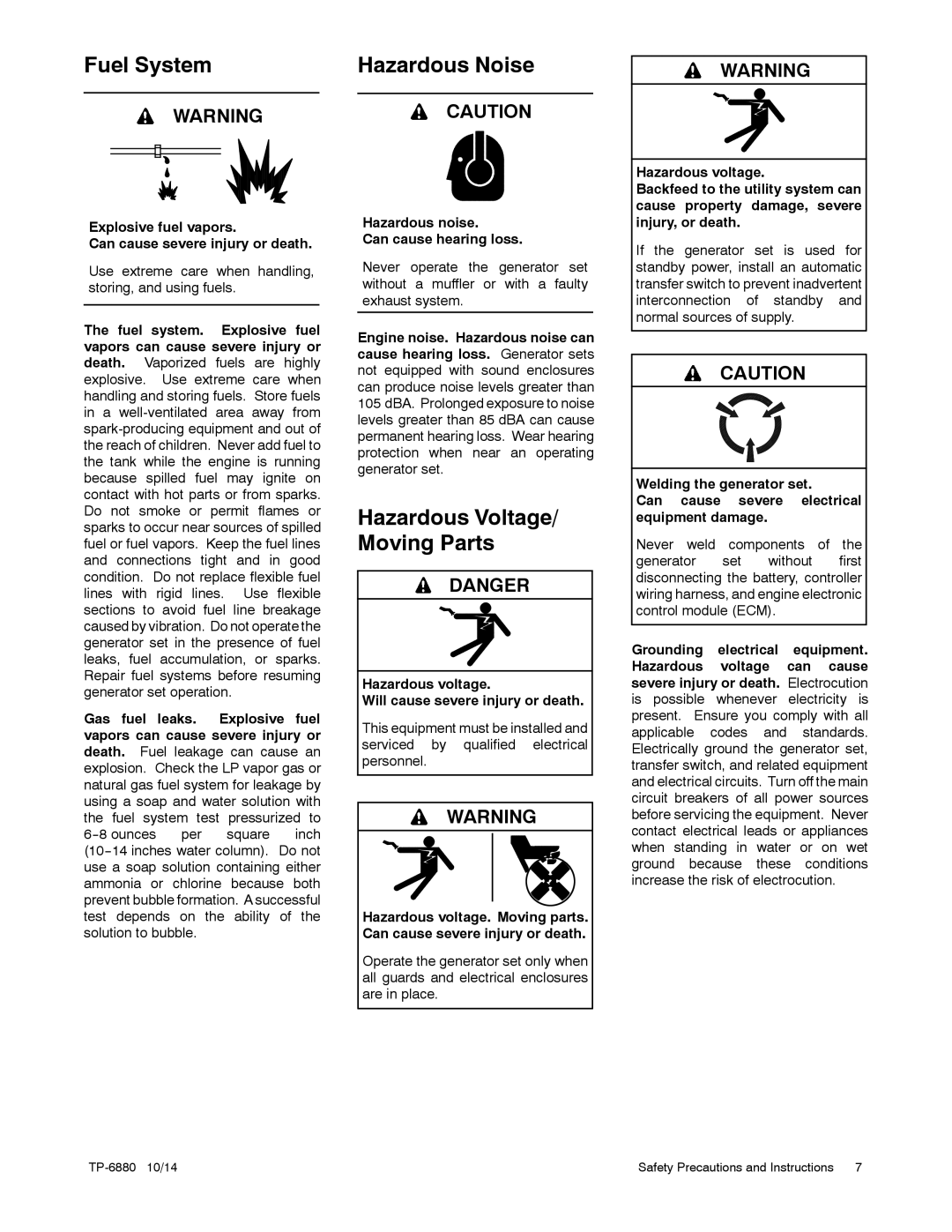 Kohler 8/10/12RESVL manual Fuel System Hazardous Noise, Hazardous voltage Will cause severe injury or death 