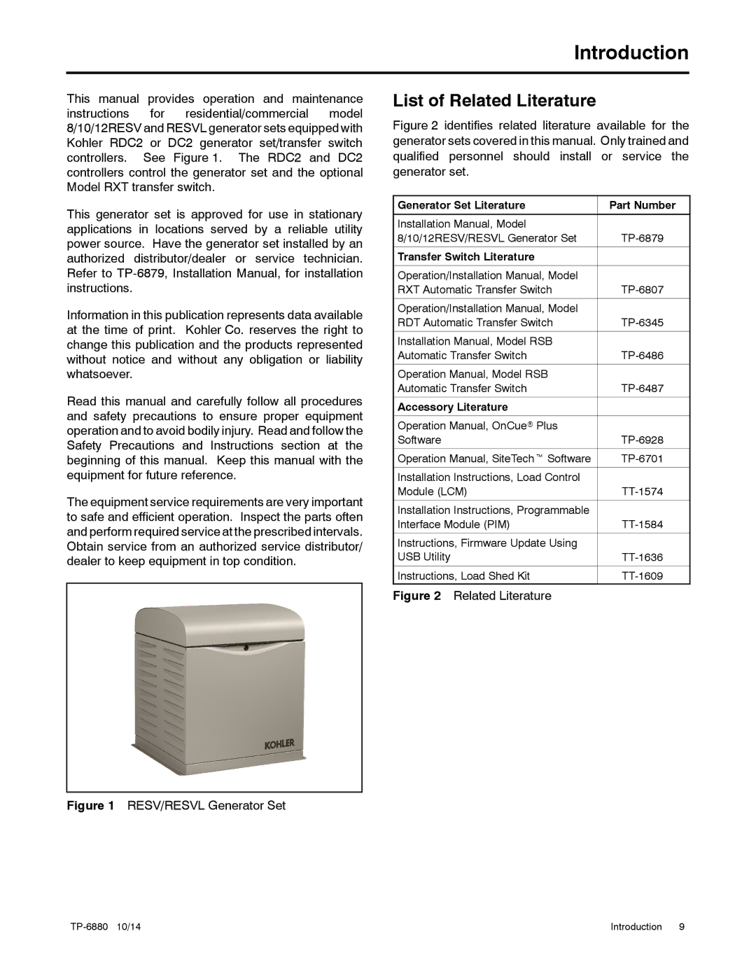 Kohler 8/10/12RESVL Introduction, List of Related Literature, Generator Set Literature Part Number, Accessory Literature 