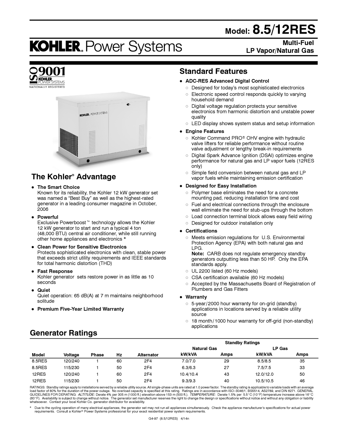 Kohler warranty Model 8.5/12RES, Kohlerr Advantage, Generator Ratings Standard Features 