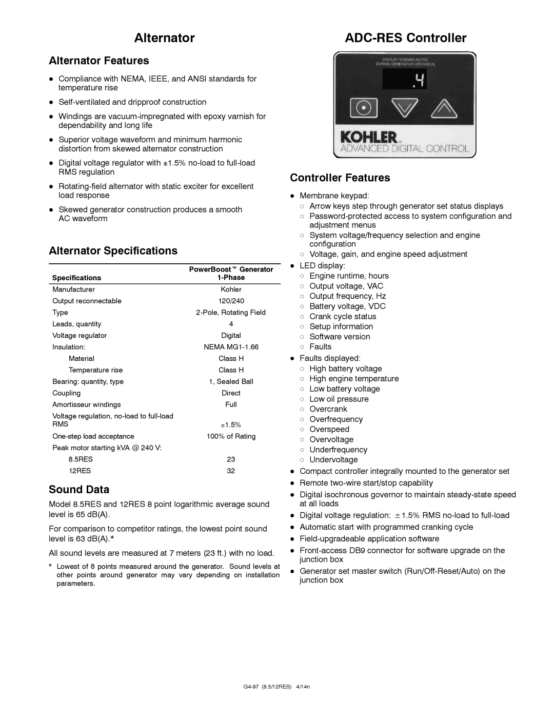 Kohler 8.5/12RES warranty Alternator Features, Alternator Specifications, Sound Data, Controller Features 