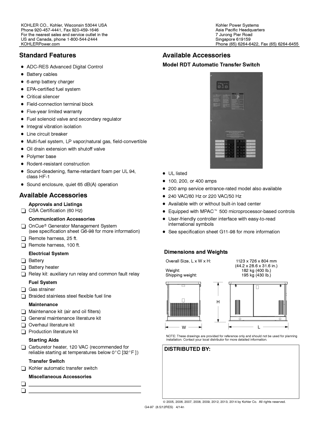 Kohler 8.5/12RES warranty Standard Features, Available Accessories 