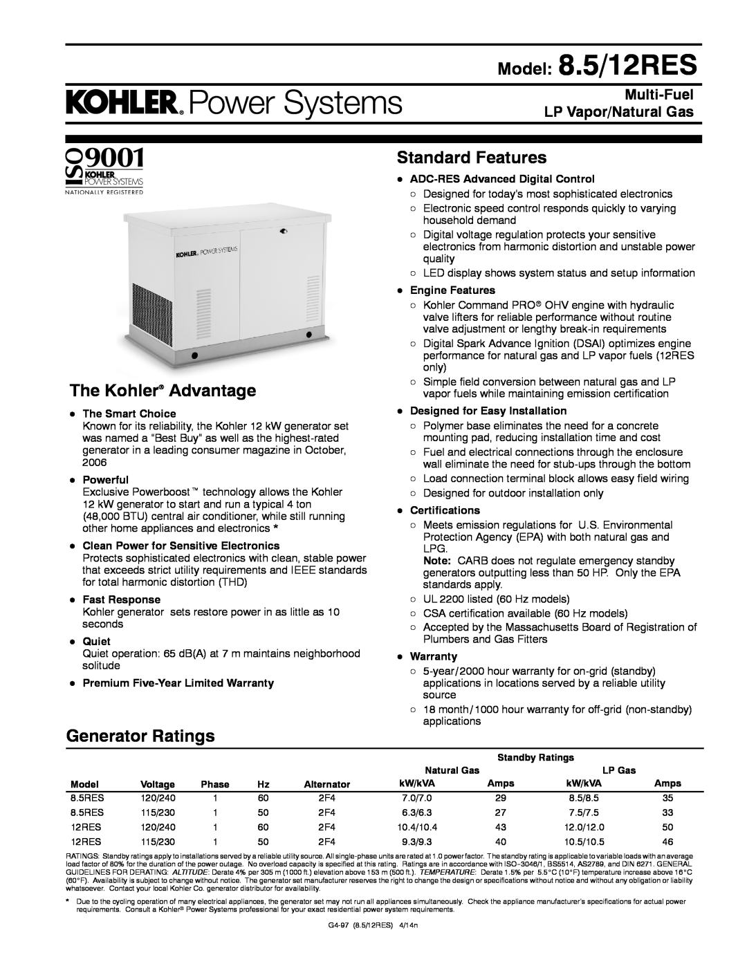 Kohler warranty Model 8.5/12RES, The Kohlerr Advantage, Generator Ratings, Standard Features 