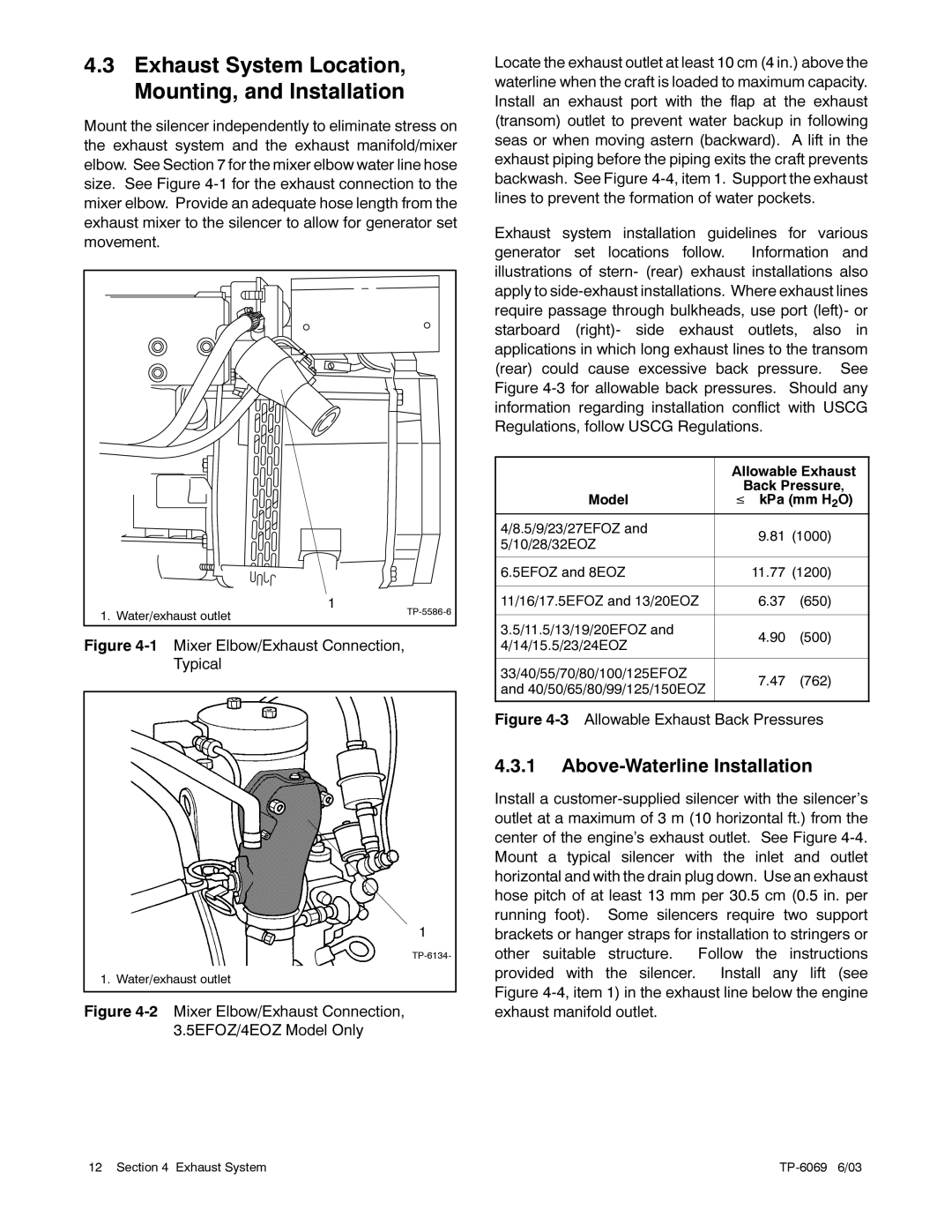 Kohler 9EFOZ/10EOZ, 8.5EFOZ, 80EFOZ/99EOZ Exhaust System Location, Mounting, and Installation, Above-Waterline Installation 