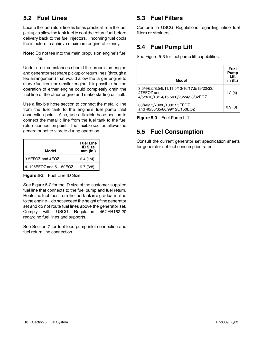 Kohler 55EFOZ/65EOZ, 8.5EFOZ, 9EFOZ/10EOZ, 80EFOZ/99EOZ manual Fuel Lines, Fuel Filters, Fuel Pump Lift, Fuel Consumption 