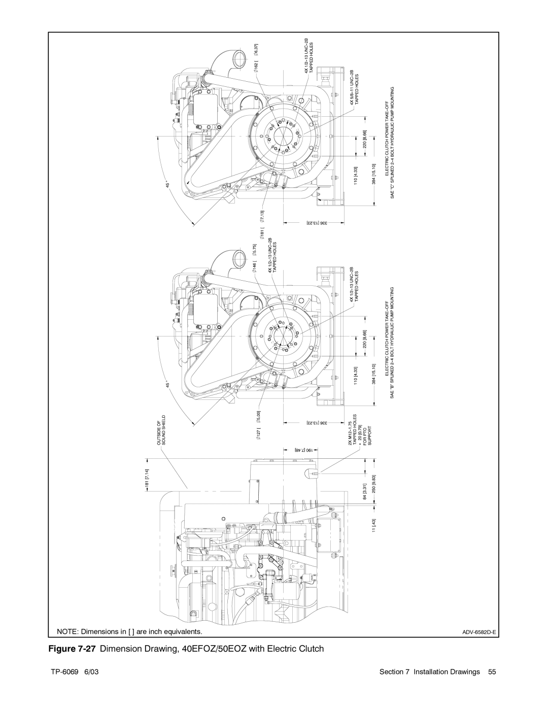 Kohler 80EFOZ/99EOZ, 8.5EFOZ, 9EFOZ/10EOZ, 6.5EFOZ/8EOZ, 4EFOZ/5EOZ manual Dimension Drawing, 40EFOZ/50EOZ with Electric Clutch 