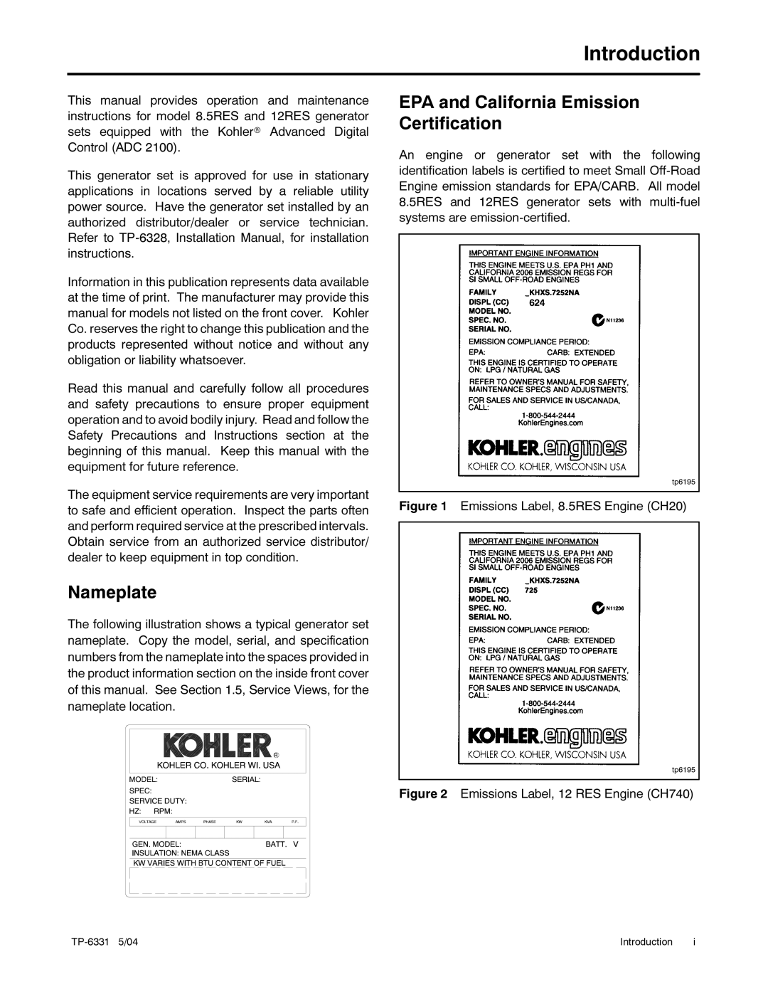 Kohler 12RES, 8.5RES manual Introduction, Nameplate, EPA and California Emission Certification 