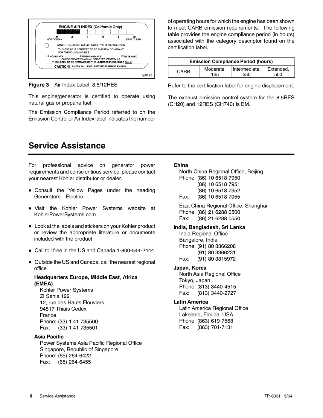 Kohler 8.5RES, 12RES manual Service Assistance 