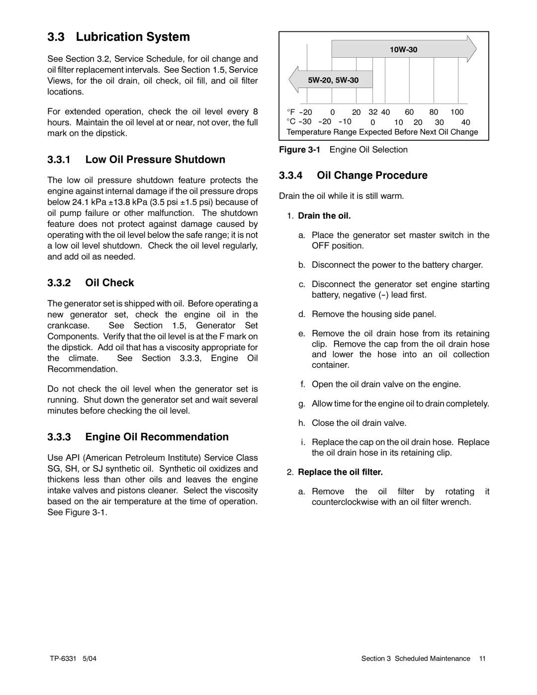 Kohler 12RES Lubrication System, Low Oil Pressure Shutdown, Oil Check, Engine Oil Recommendation, Oil Change Procedure 