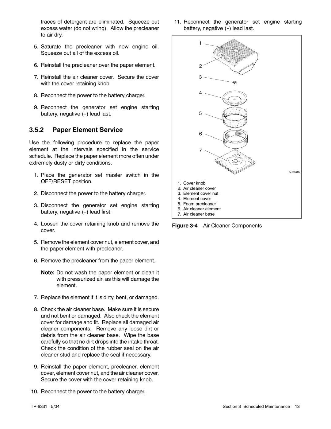 Kohler 12RES, 8.5RES manual Paper Element Service, Air Cleaner Components 