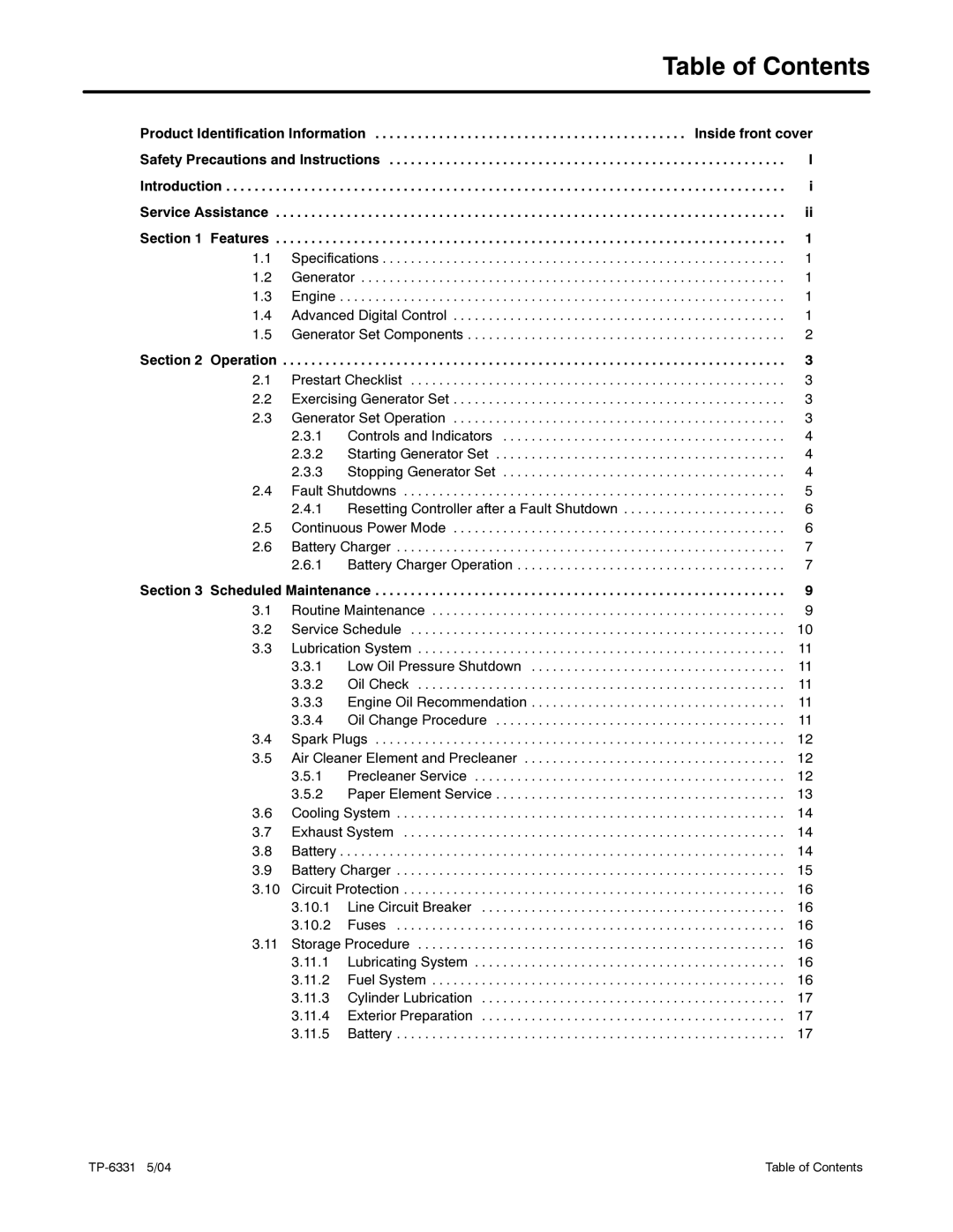 Kohler 12RES, 8.5RES manual Table of Contents 