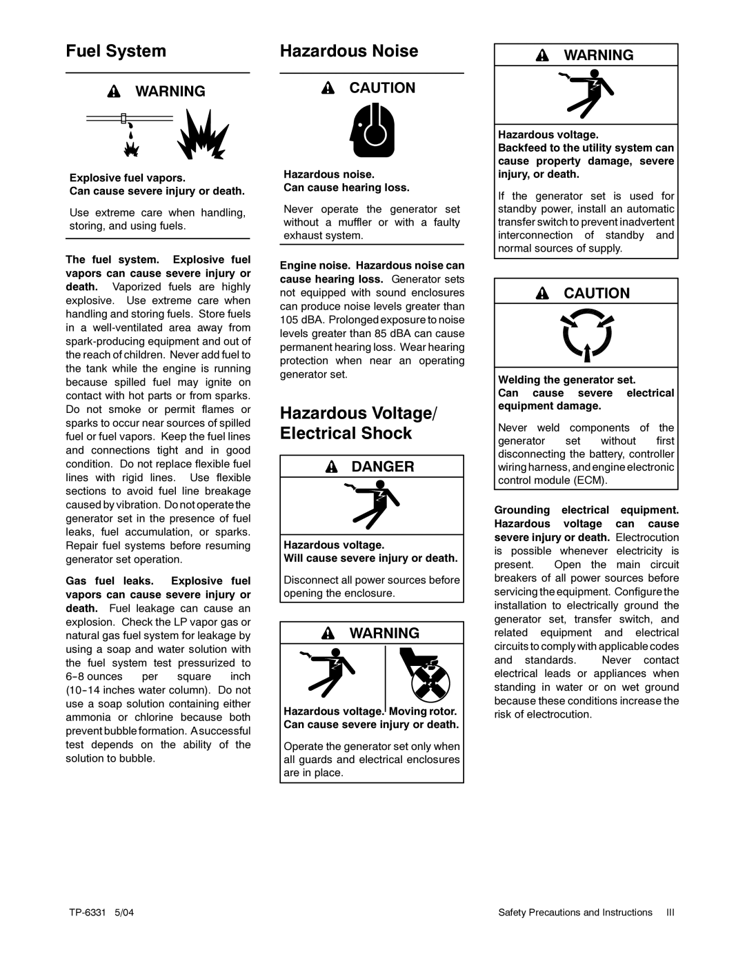 Kohler 12RES, 8.5RES manual Fuel System Hazardous Noise, Hazardous Voltage/ Electrical Shock 