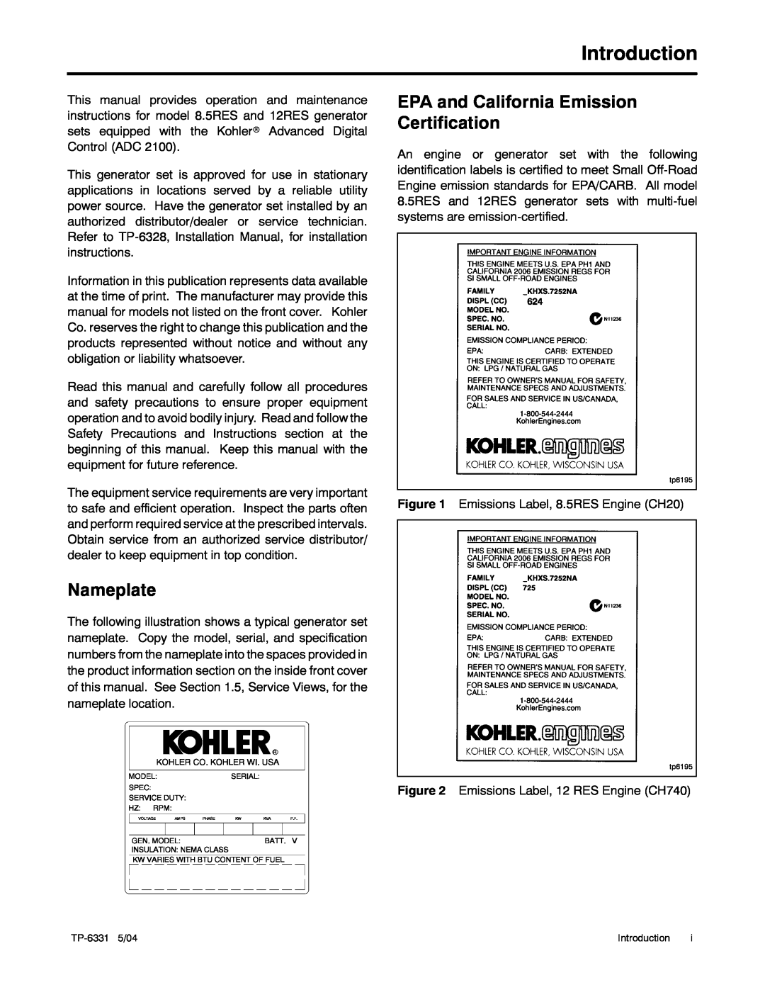 Kohler 12RES, 8.5RES manual Introduction, Nameplate, EPA and California Emission Certification 