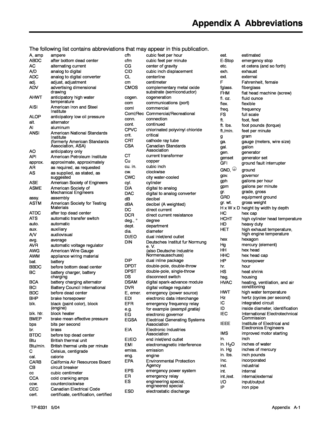 Kohler 12RES, 8.5RES manual Appendix A Abbreviations 