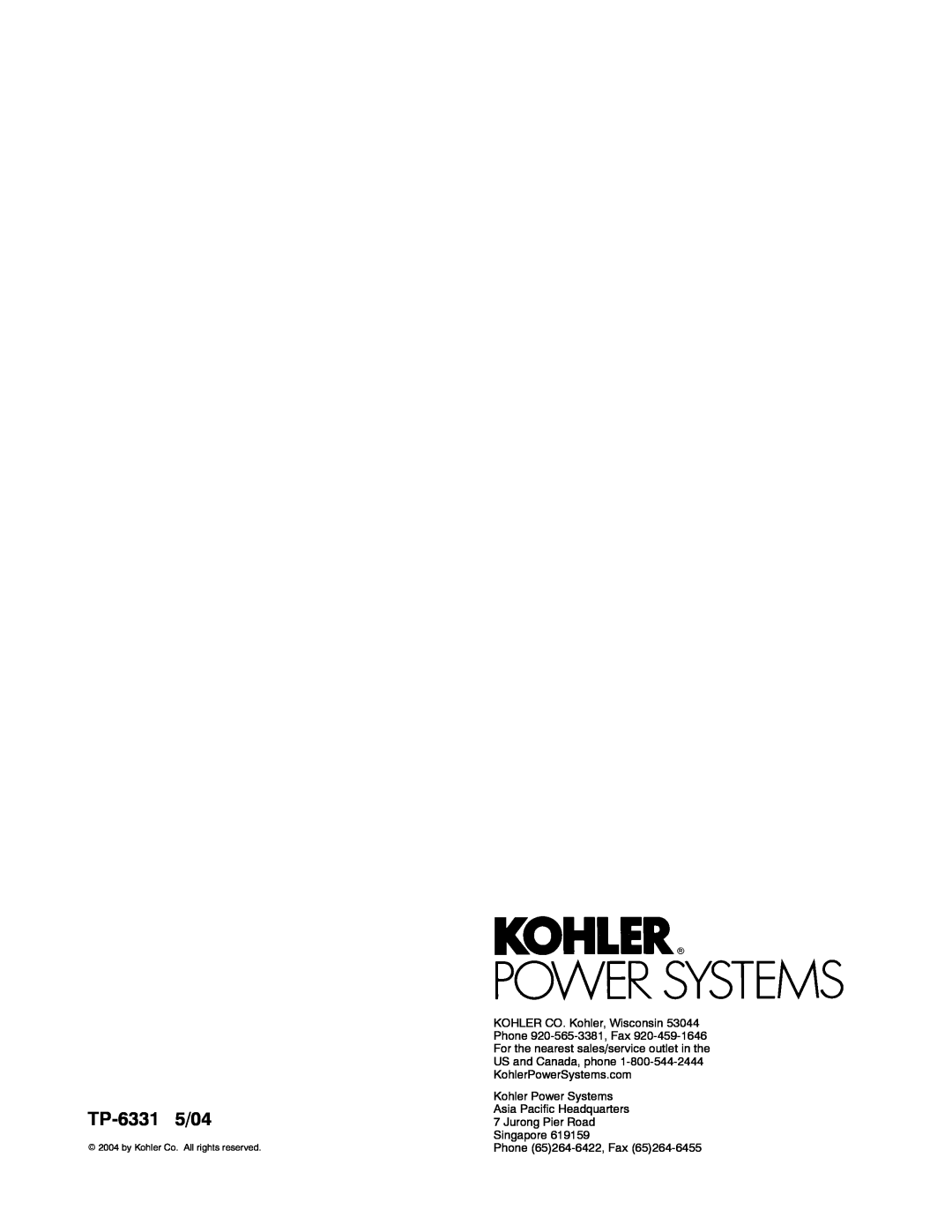 Kohler 8.5RES TP-63315/04, Kohler Power Systems Asia Pacific Headquarters, Jurong Pier Road Singapore Phone 65264-6422,Fax 