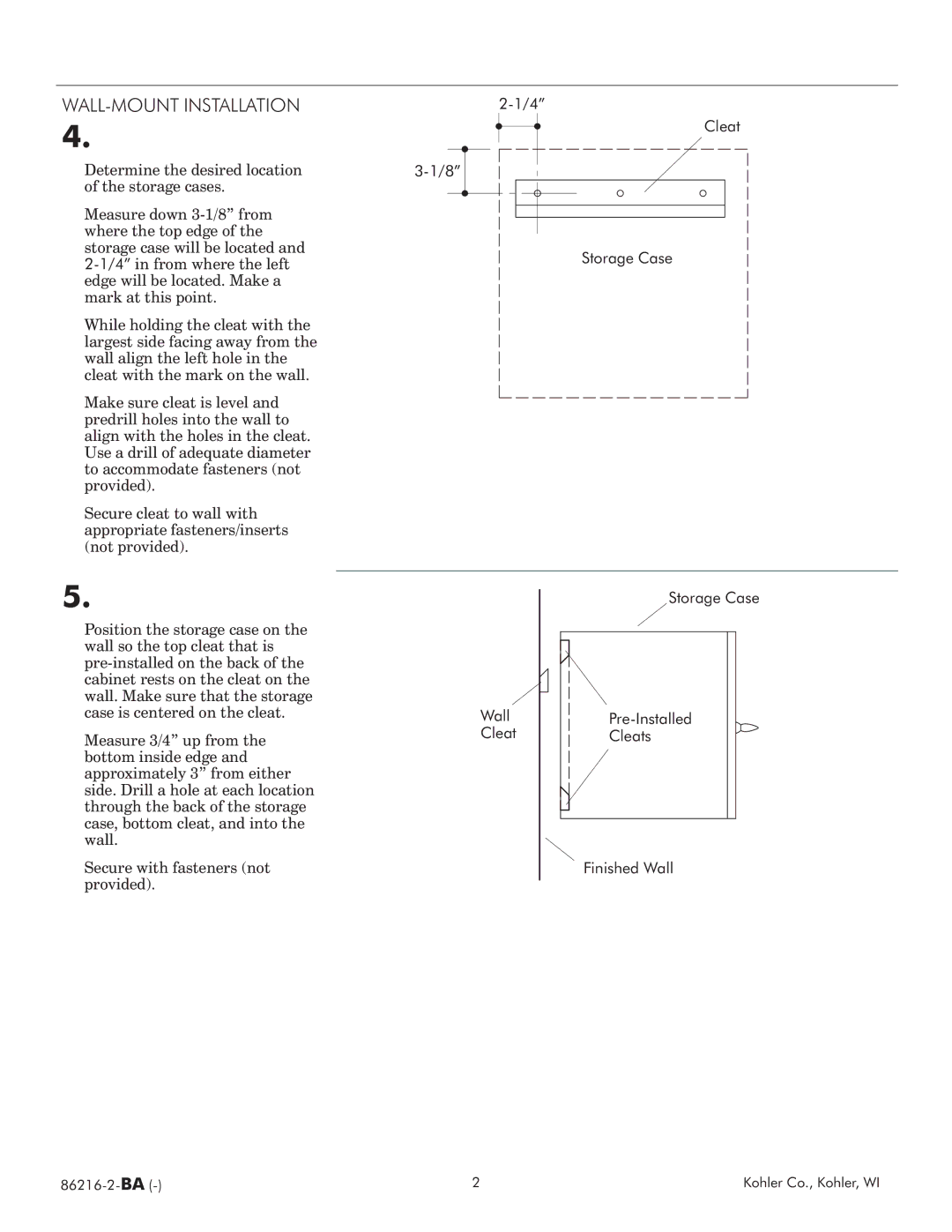 Kohler 86216 2 BA manual Installation 