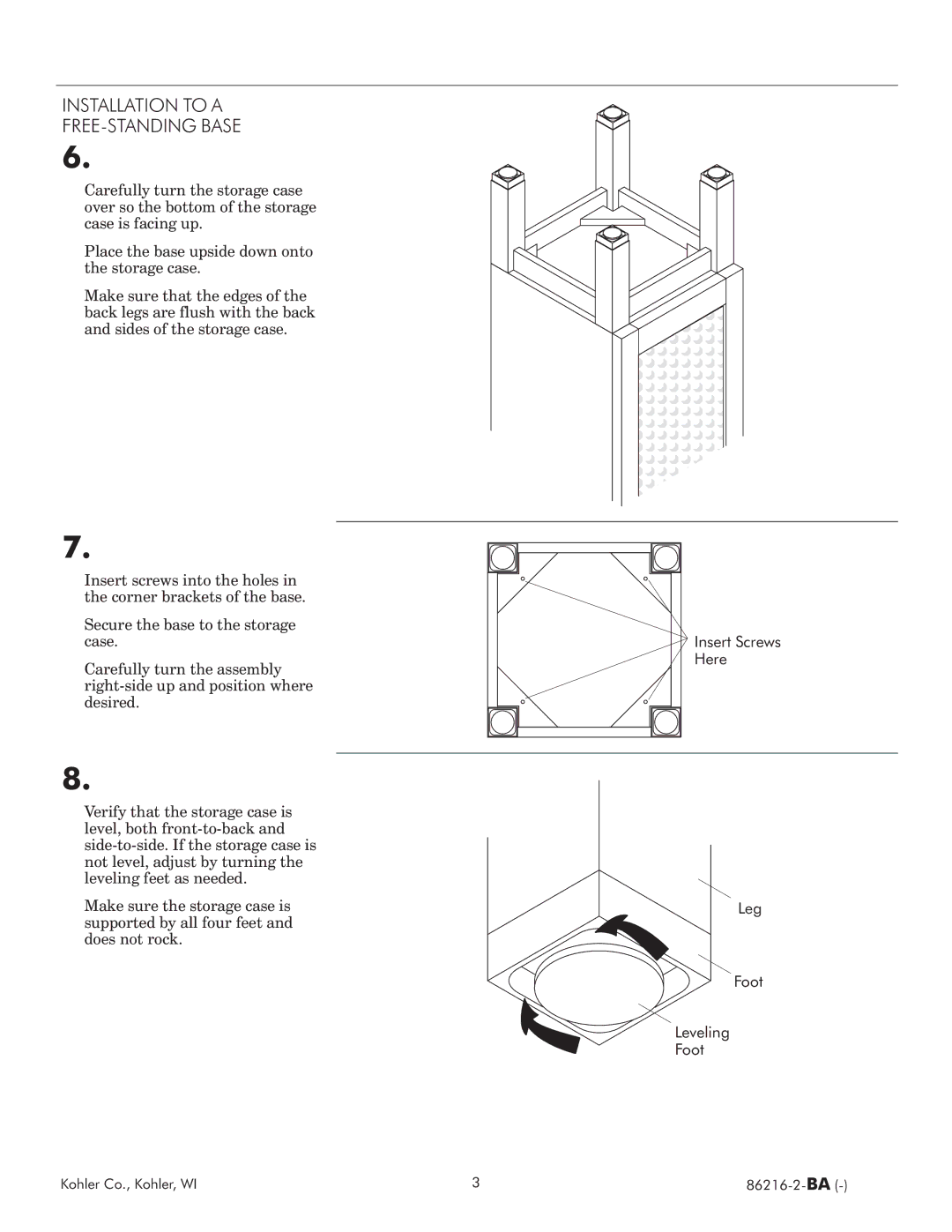 Kohler 86216 2 BA manual Installation to a Freestanding Base 